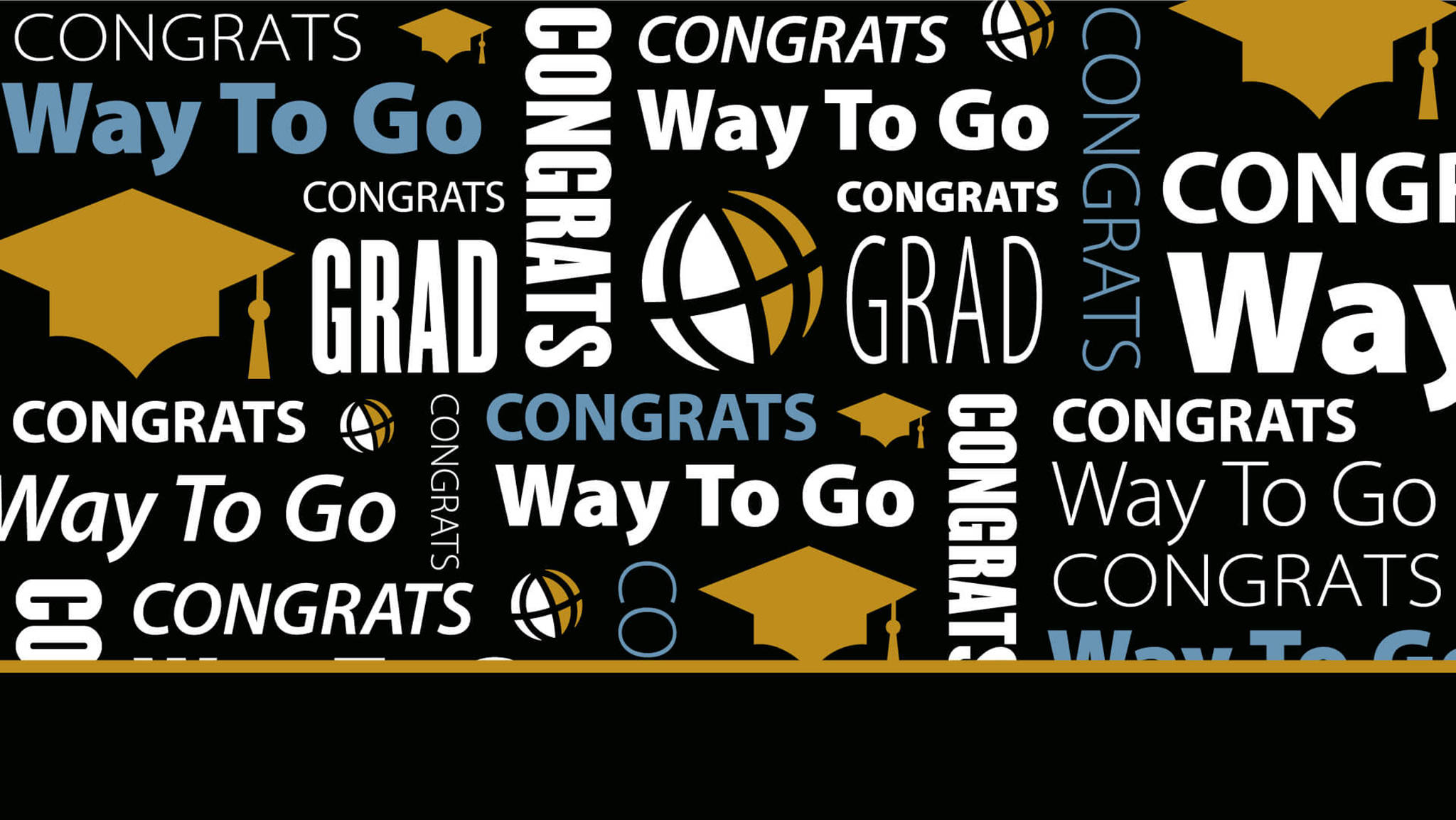 Graduation 桌布 壁紙 — 大膽的黑色背景，充滿重複的金色和白色畢業主題文字和帽子，慶祝學術成就。