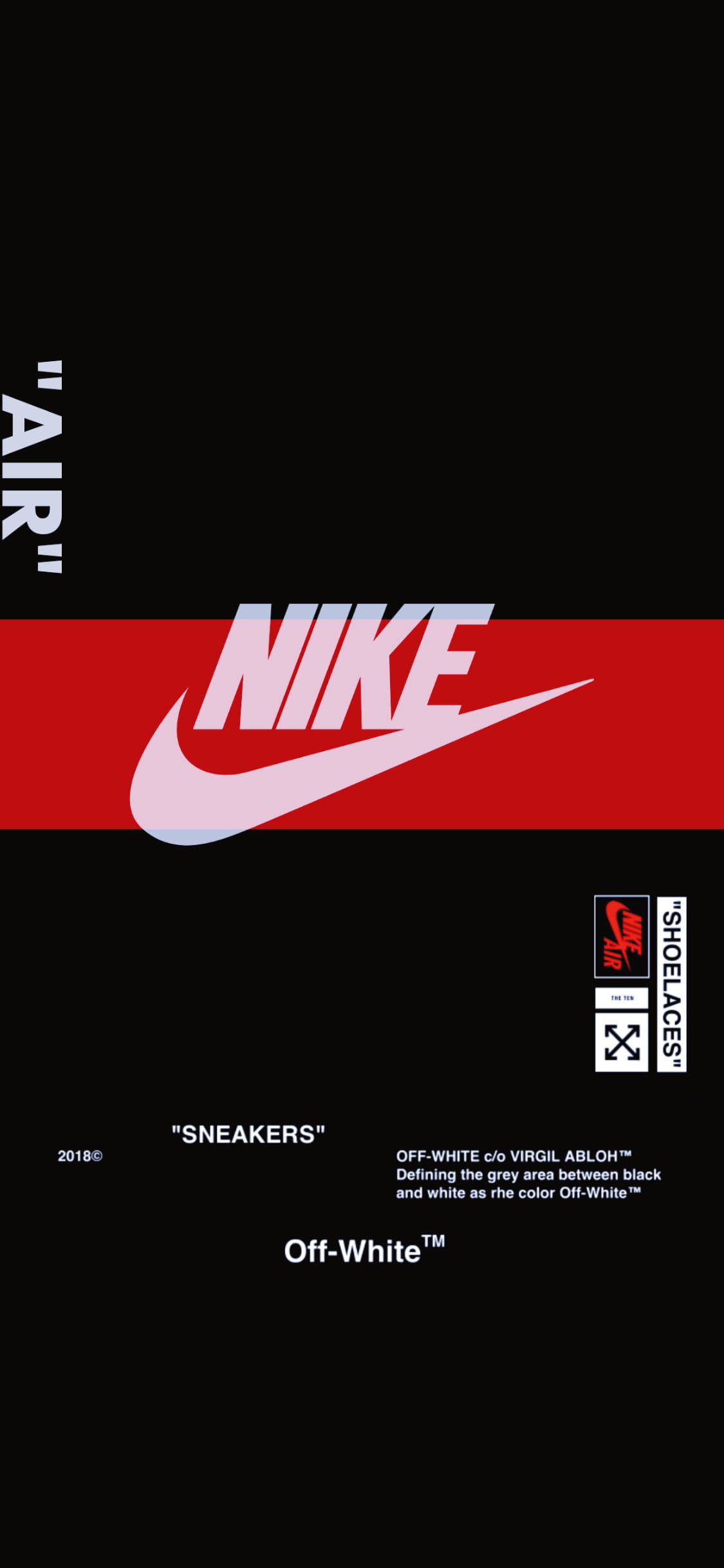 Nike iPhone 桌布 壁紙 — 大膽的黑色背景，帶有紅色條紋，展示白色Nike標誌和Off-White文字品牌。
