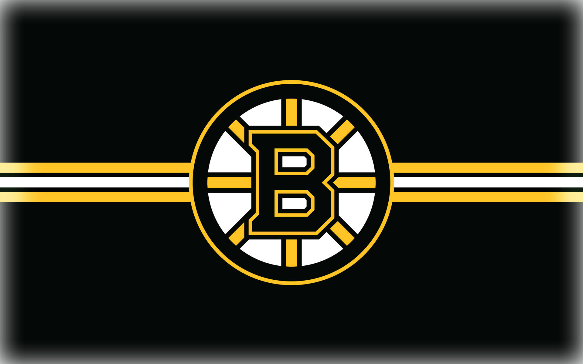 bruins 桌布 壁紙 — 大膽的黑色背景上，中央有一個黃色輪廓的「B」標誌在圓圈內，兩側有水平的黃色和白色條紋。