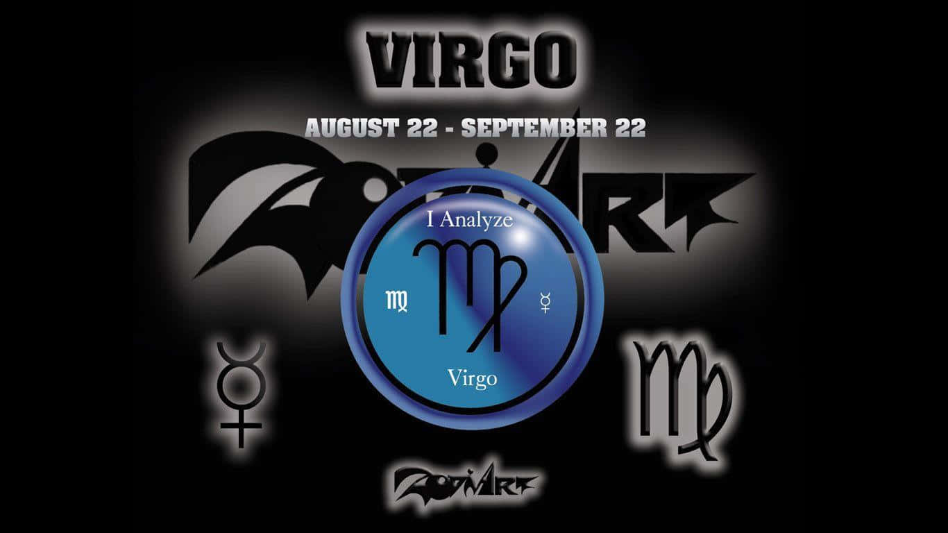 Virgo 桌布 壁紙 — 大膽的黑色背景上，處女座星座在發光的藍色圓圈中顯示，周圍有文字和符號。