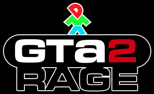 Gta Logo 桌布 壁紙 — 大膽的黑色背景上展示GTA2 RAGE標誌，上方有彩色火柴人及風格化的白色和紅色文字。