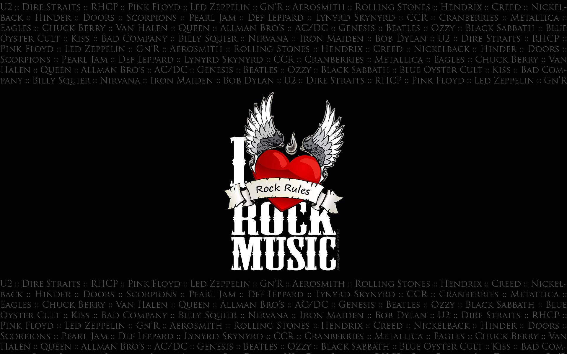 Rock 桌布 壁紙 — 大膽的黑色背景上有一個帶翅膀的紅色心形和文字「I Love Rock Music」，周圍環繞著重複的經典搖滾樂隊名稱列表。