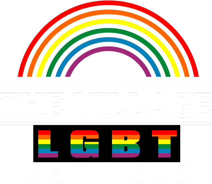 LGBT 桌布 壁紙 — 大膽的黑色背景上有一個鮮豔的彩虹拱門，上方有白色文字寫著「THE VILLAGE LGBT SHOW BAR」，LGBT 字母為彩虹色。