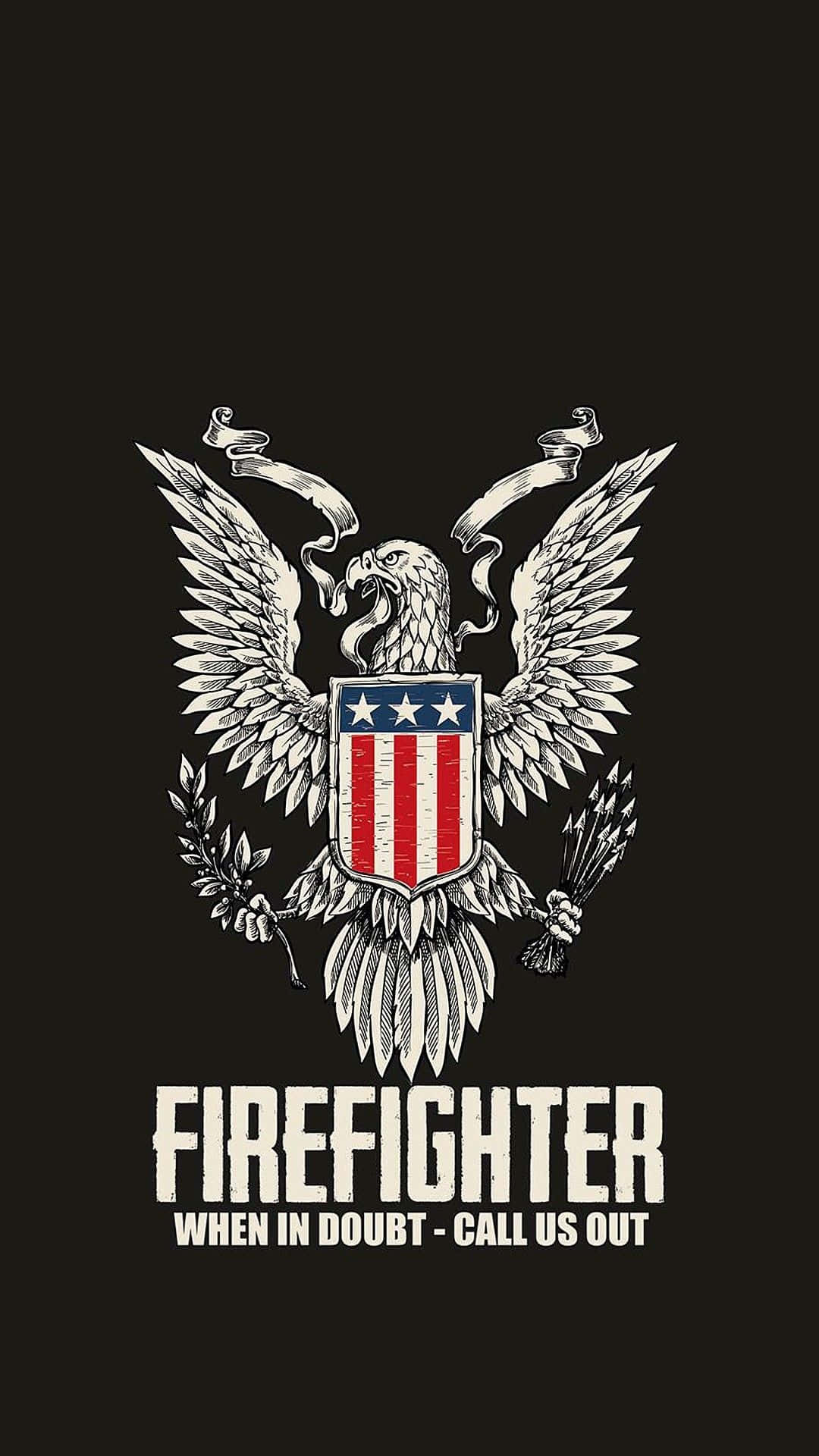 Firefighter Logo 桌布 壁紙 — 大膽的黑色背景上有一隻細節豐富的白鷹，抓著美國國旗盾牌，並帶有文字 firefighter and when in doubt call us out。