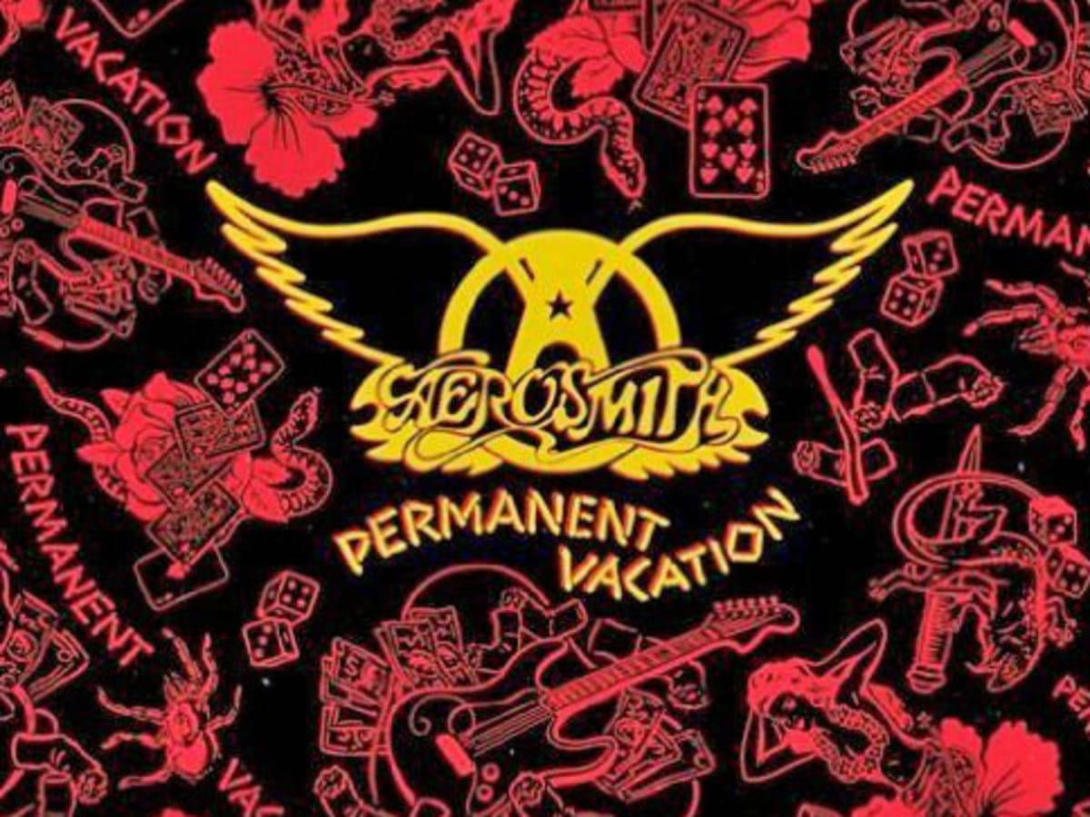 rock and roll 桌布 壁紙 — 大膽的黑色背景中央有一個黃色Aerosmith標誌，周圍環繞著吉他、骰子、花朵和骷髏的紅色線條插圖。