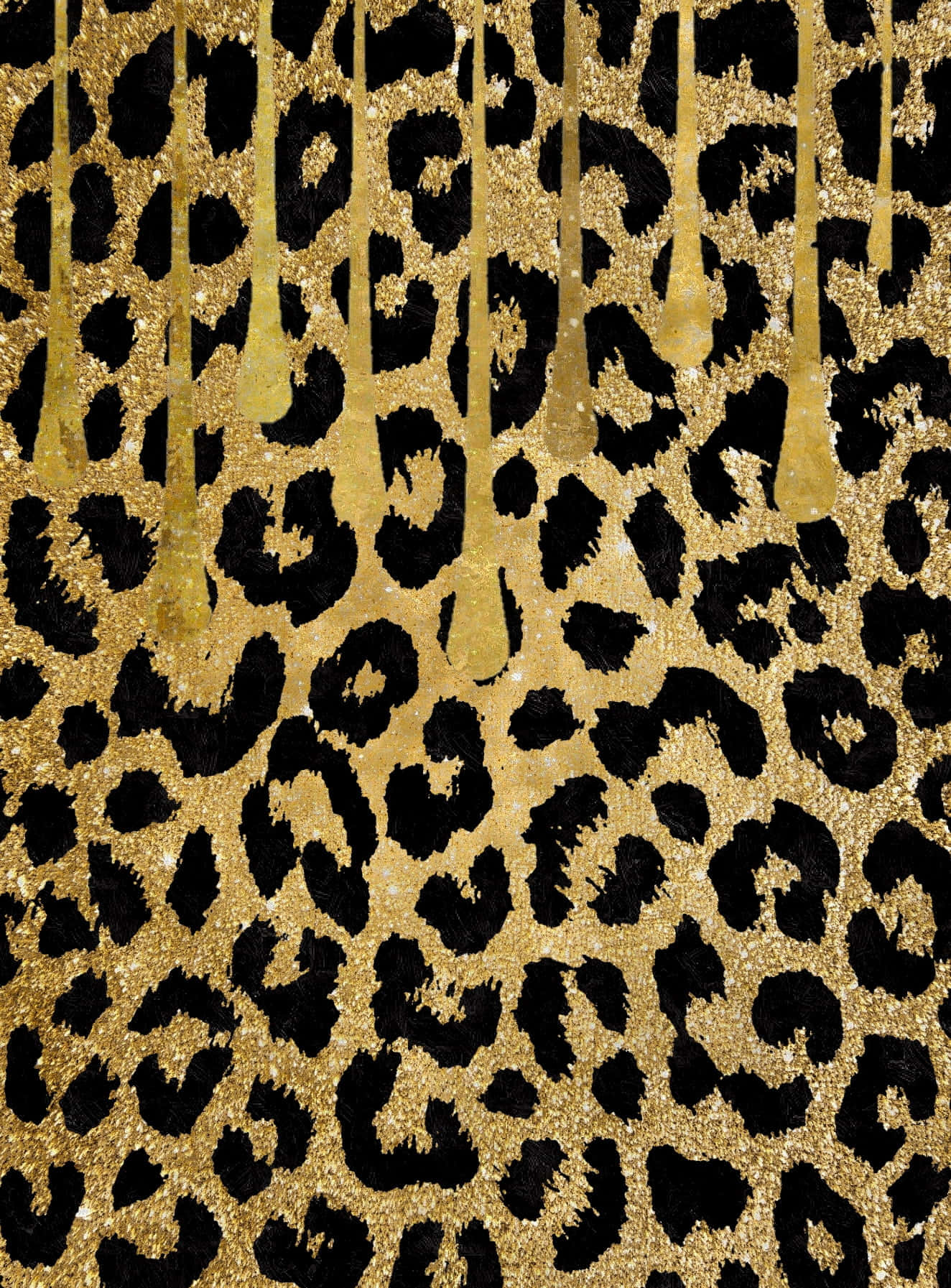 Leopard Pattern 桌布 壁紙 — 大膽的黑色豹紋斑點與閃爍的金色閃粉形成對比，垂直的滴落沿著紋理表面傾瀉而下。