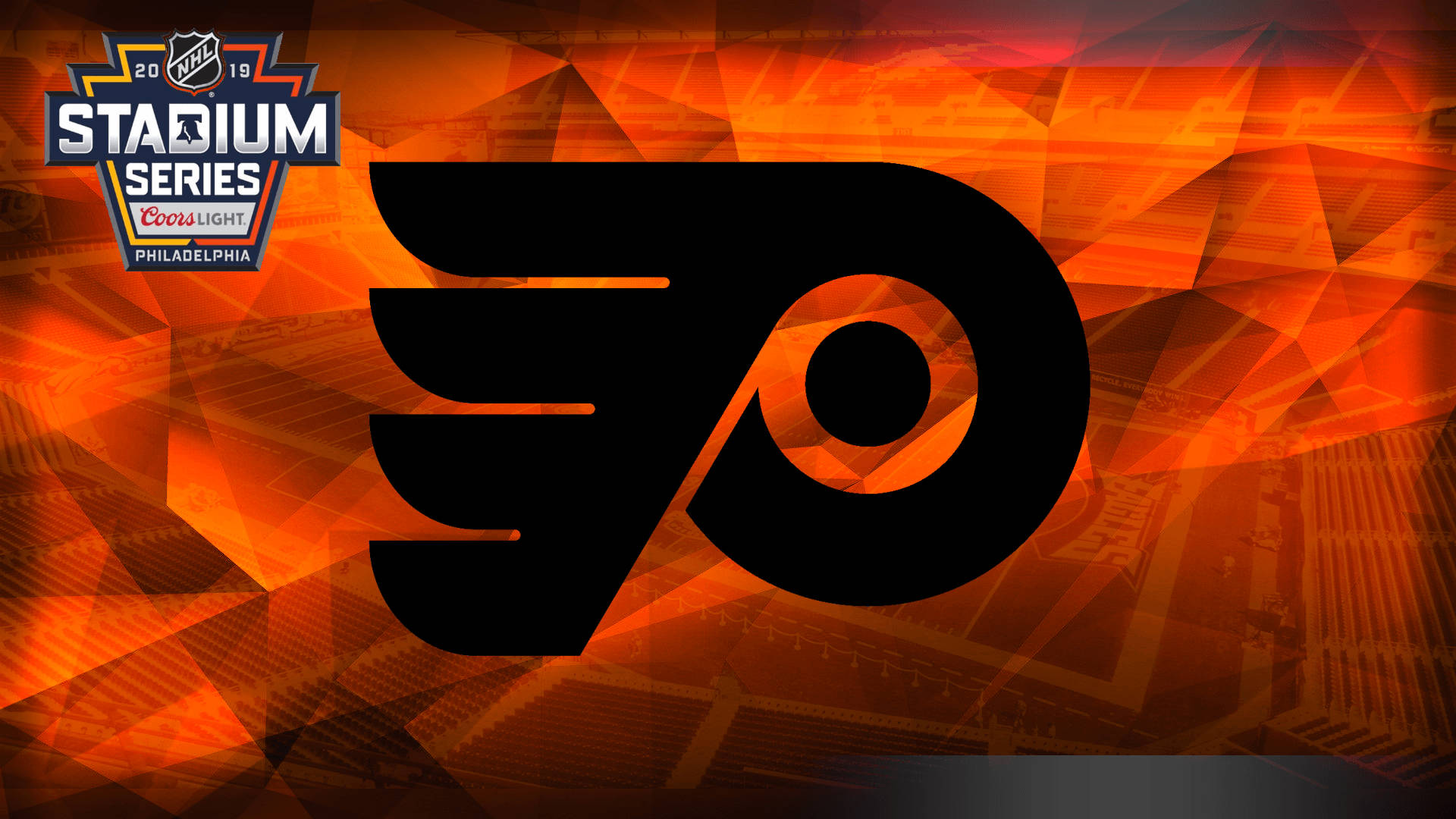 Flyers 桌布 壁紙 — 大膽的黑色費城飛人隊標誌主導了帶有NHL Stadium Series品牌的火熱橙色幾何背景。