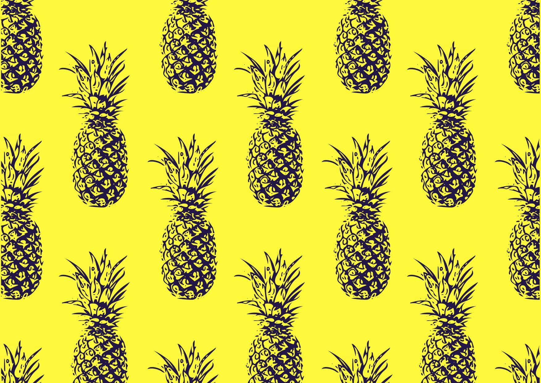 Pineapple Desktop 桌布 壁紙 — 大膽的黑色鳳梨剪影在鮮黃色背景上以網格重複排列。