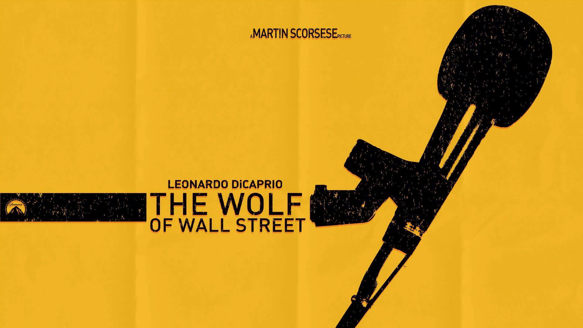 Wolf Of Wall Street 桌布 壁紙 — 大膽的黑色麥克風剪影，搭配鮮豔黃色背景，並附有電影標題和演員姓名。