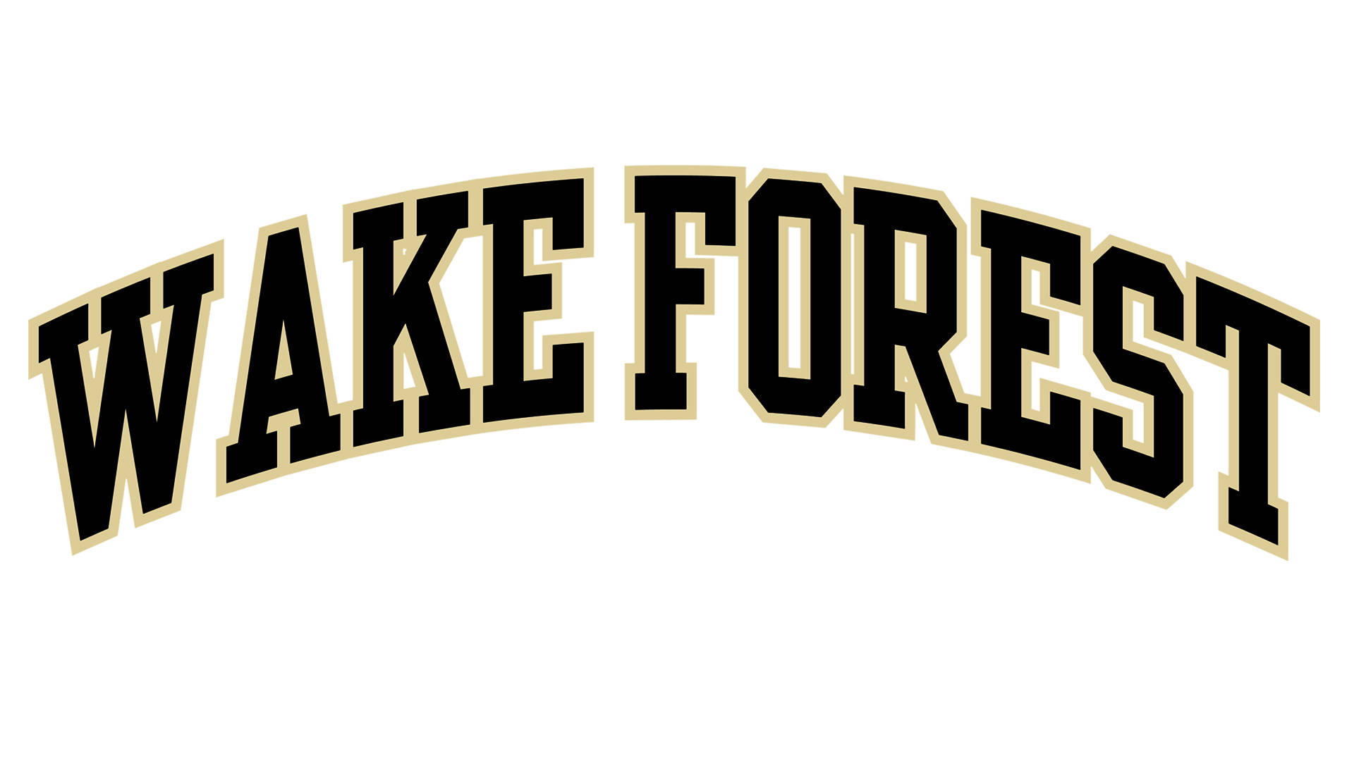  壁紙 — 大膽的黑金拱形文字拼出 Wake Forest，背景為純白色。