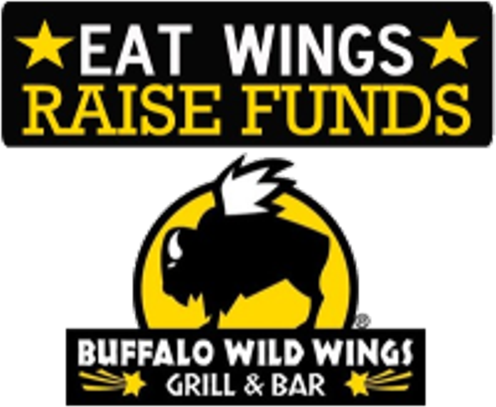 水牛 桌布 壁紙 — 大膽的黑黃色Buffalo Wild Wings標誌， featuring 野牛剪影和推廣雞翅及募款的文字。