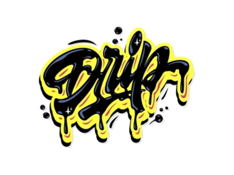 Drip 桌布 壁紙 — 大膽的黑黃色塗鴉風格字體，帶有滴落和飛濺效果，背景為純白色。
