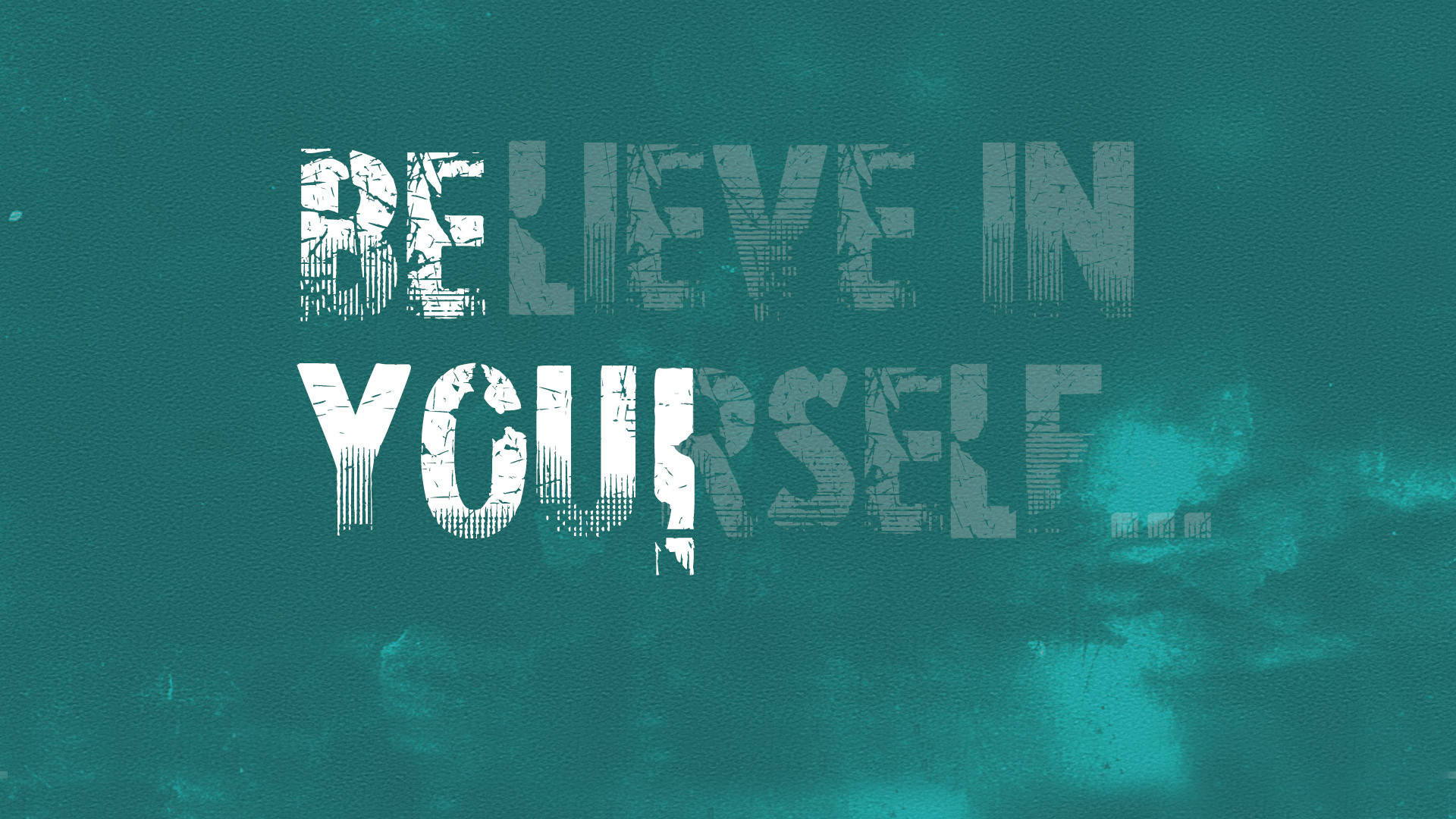 Positive Quotes 桌布 壁紙 — 大膽磨損的白色文字在帶有細微雲狀污跡的紋理青綠色背景上顯示「相信自己」。