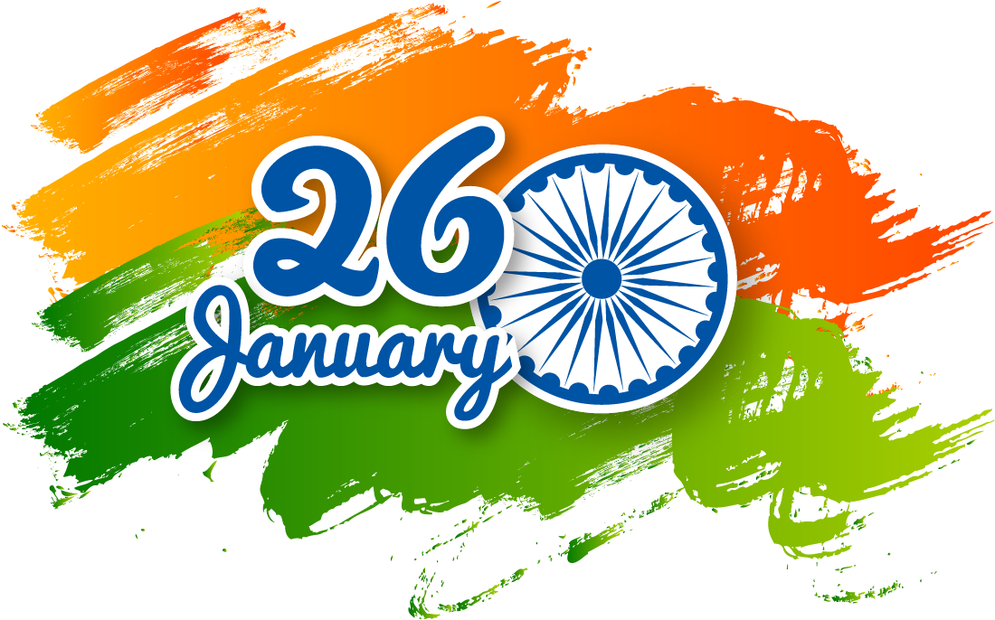 Republic Day 桌布 壁紙 — 大膽筆觸的印度國旗色彩框住藍色「1月26日」文字及阿育王法輪標誌。