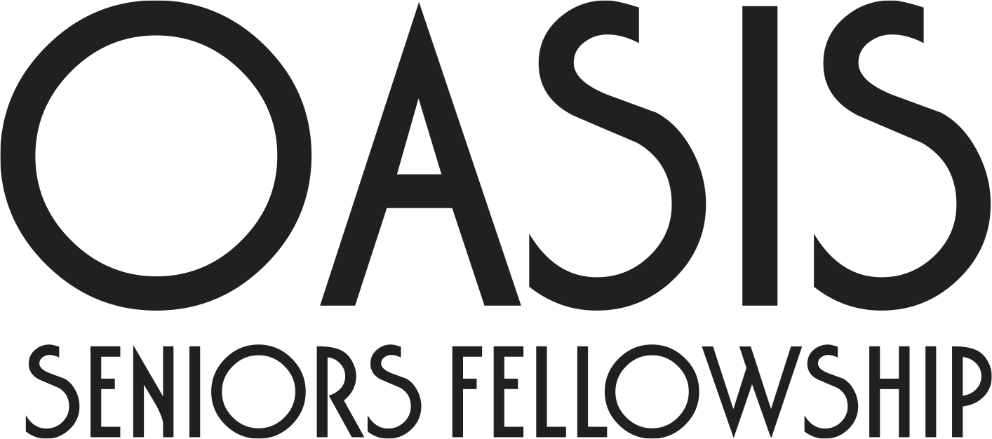 綠洲 桌布 壁紙 — 大膽簡約標誌，以深灰色大寫字母 OASIS 在上方，下方為較小字體的 SENIORS FELLOWSHIP，全部置於黑色背景上。