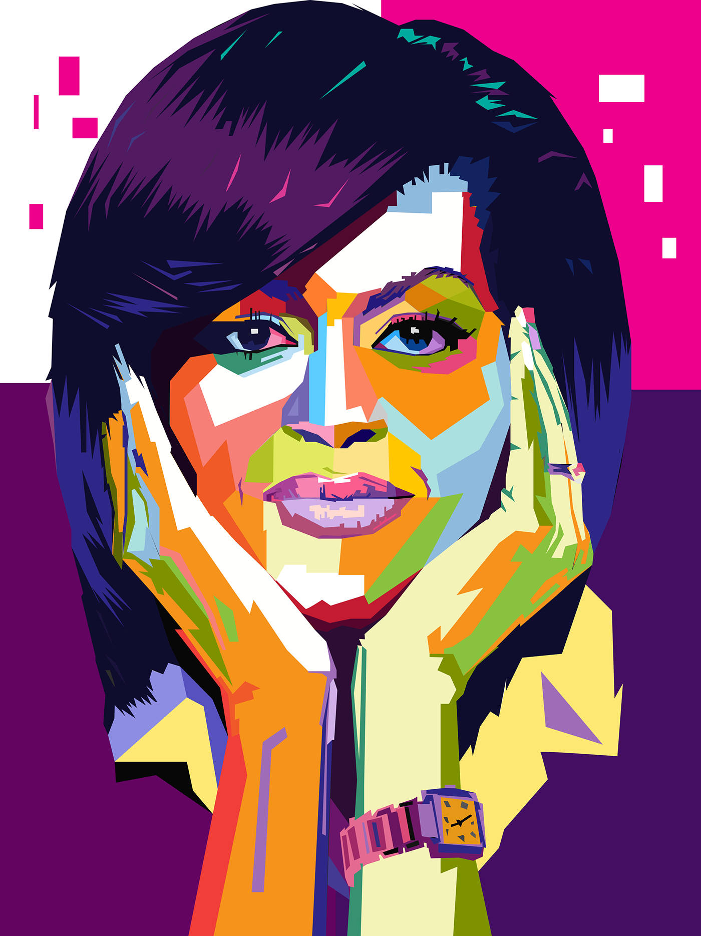 Michelle 桌布 壁紙 — 大膽粉紅和紫色背景上，雙手托腮的女性充滿活力的普普藝術肖像。