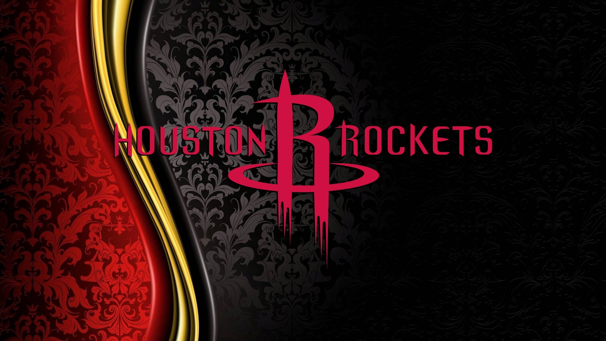 Houston Rockets 桌布 壁紙 — 大膽粉紅色休士頓火箭隊標誌，襯托黑色和紅色錦緞壁紙，配金色邊飾。