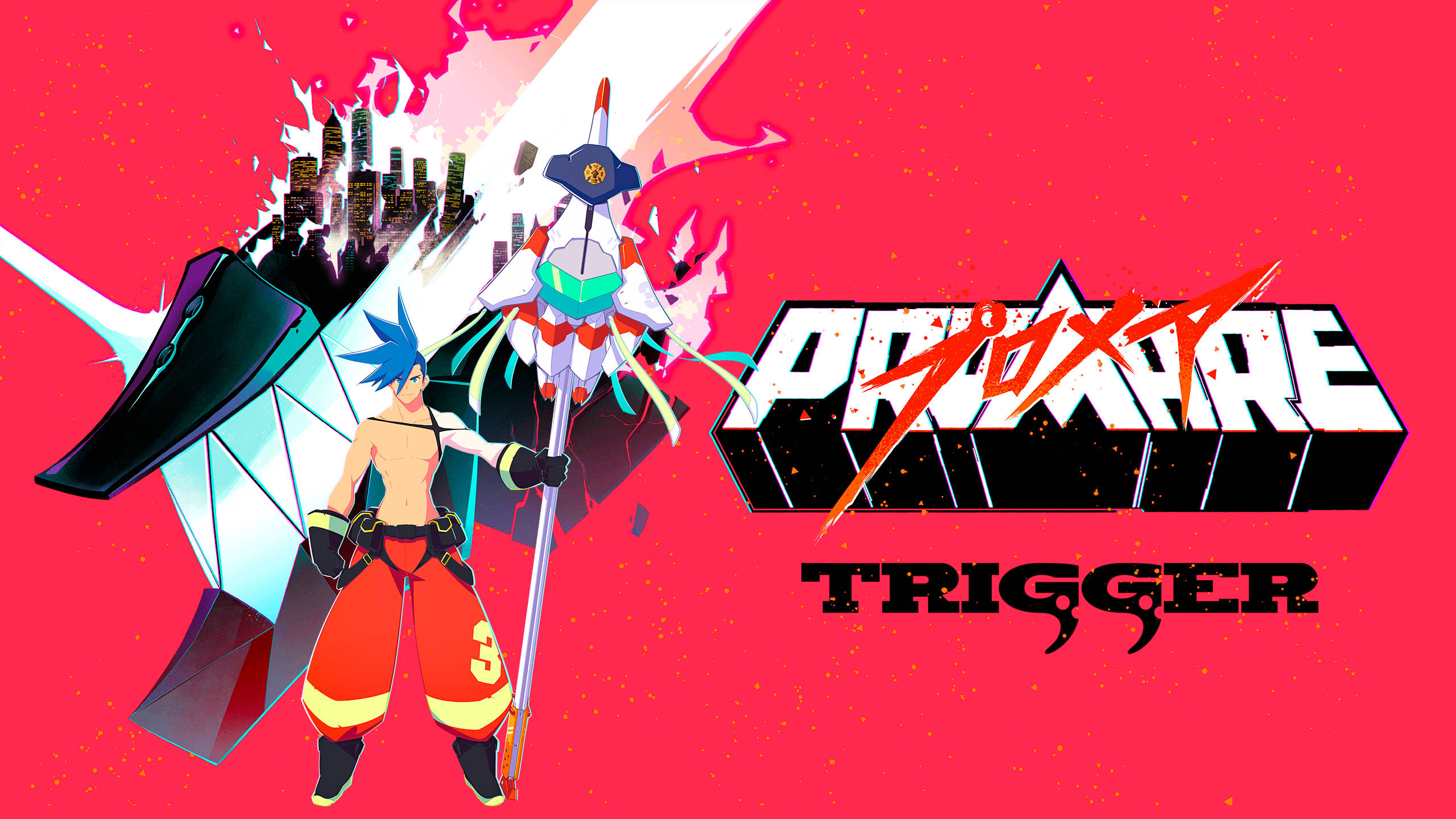 Promare 桌布 壁紙 — 大膽紅色背景上，兩個角色在破碎的城市景觀中揮舞武器的鮮豔動漫風格插圖。