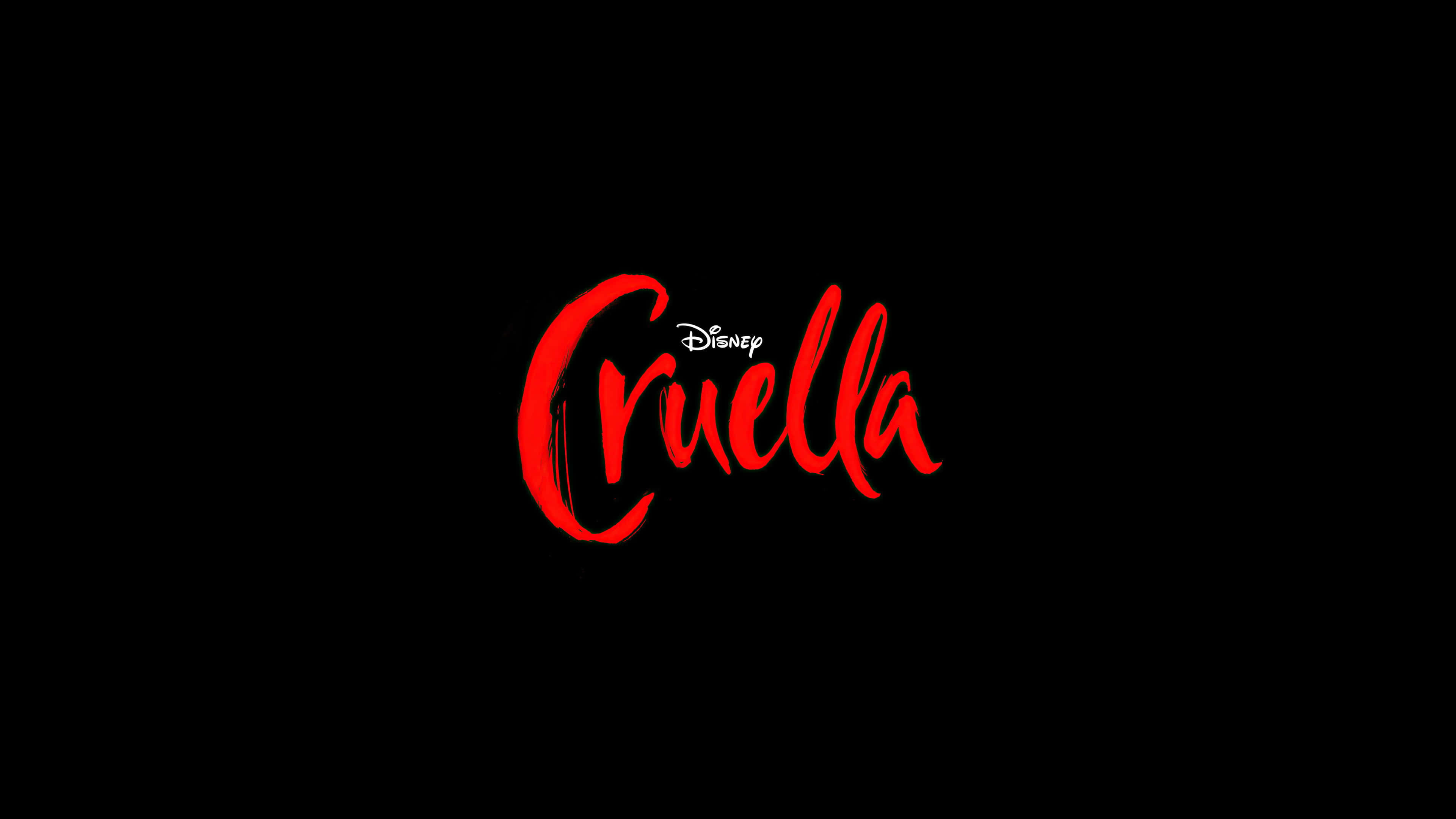 Cruella 桌布 壁紙 — 大膽紅色草書Cruella標誌，中間有迪士尼標誌，置於純黑背景上。