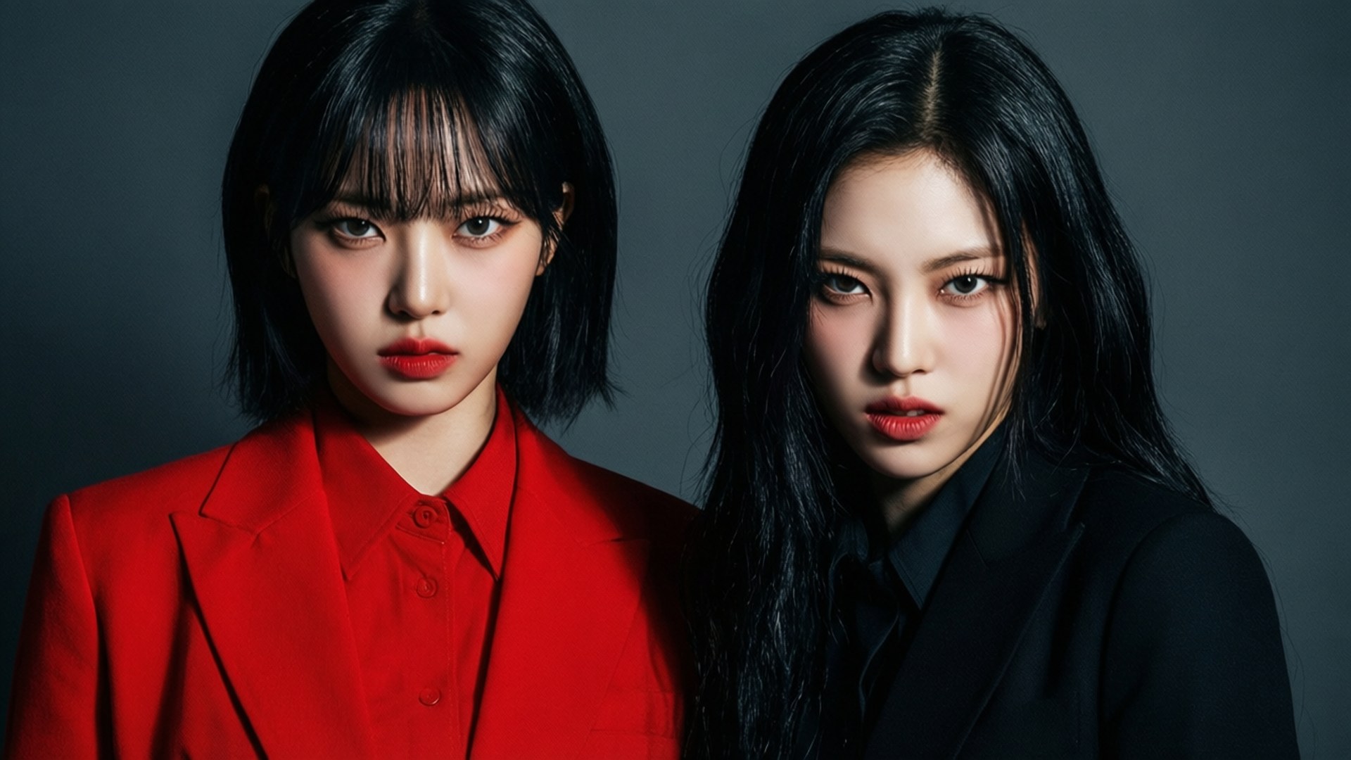 TWICE 身穿紅黑造型，搭配強烈表情與戲劇性燈光。