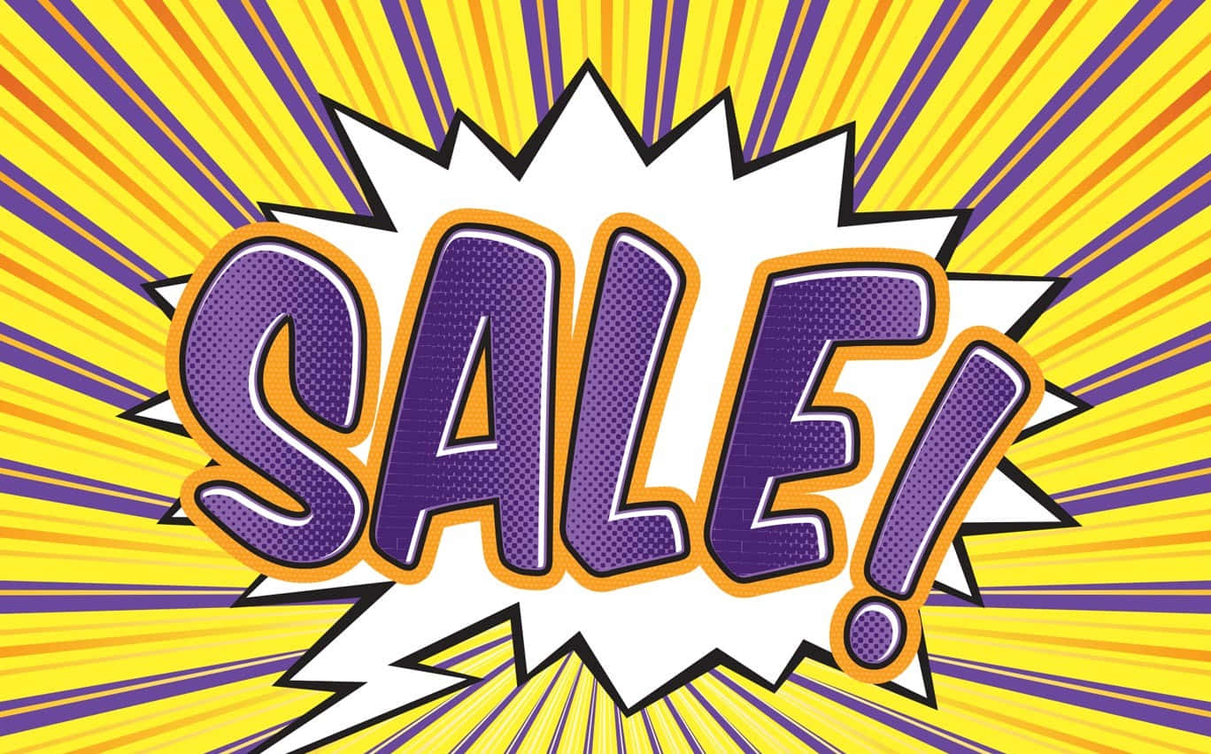 Sales 桌布 壁紙 — 大膽紫色 'SALE!' 文字以漫畫風格對話框形式，在充滿活力的黃色和紫色放射狀背景上爆發。