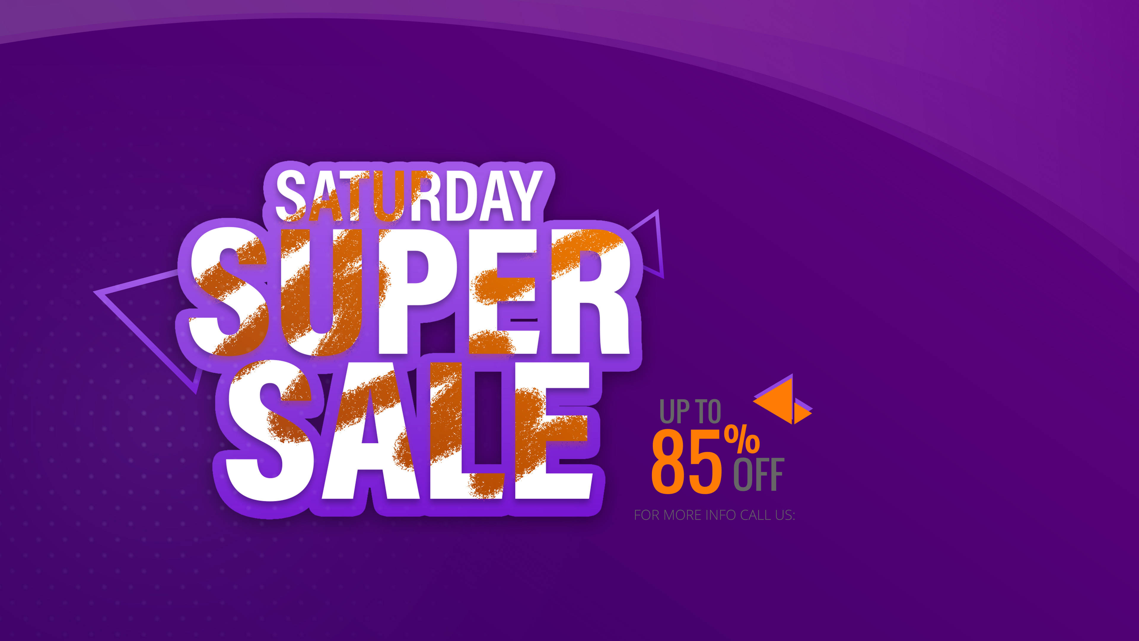 saturday 桌布 壁紙 — 大膽紫色和橙色的「Saturday Super Sale」文字，帶有85%折扣推廣，背景是漸變紫色。