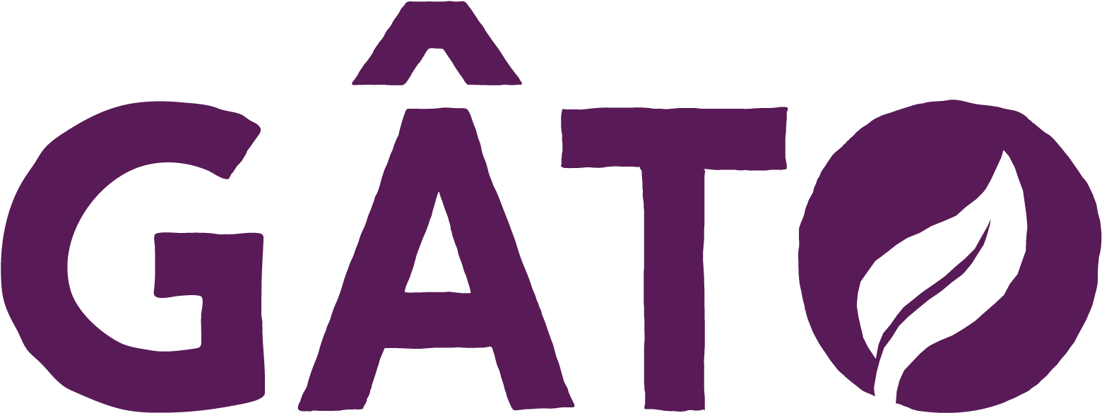 Logo Design 桌布 壁紙 — 大膽紫色標誌，帶有風格化文字gato和葉子圖標，黑色背景。