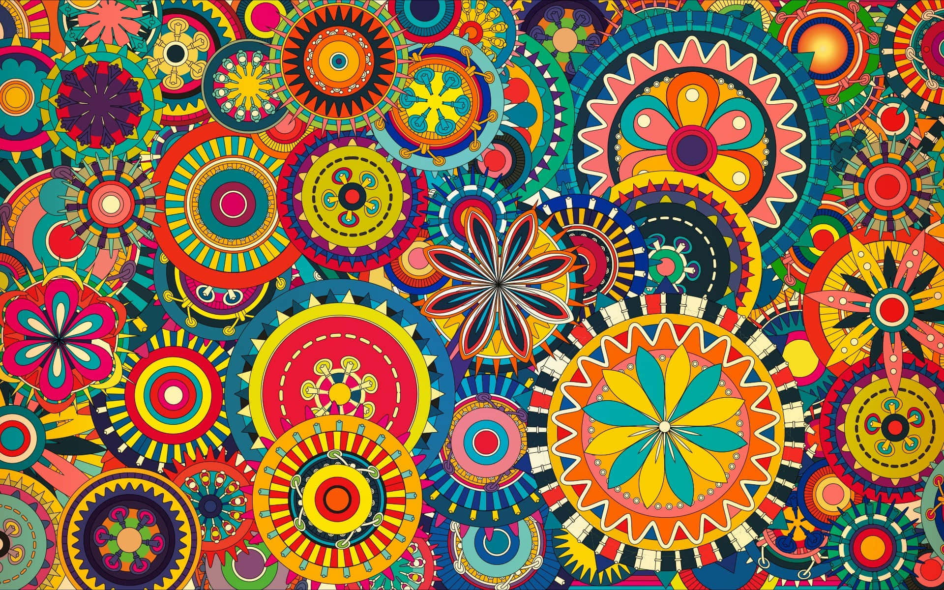 Floral Art 桌布 壁紙 — 大膽色彩的鮮豔重疊曼陀羅圖案，創造出充滿活力的迷幻抽象設計。