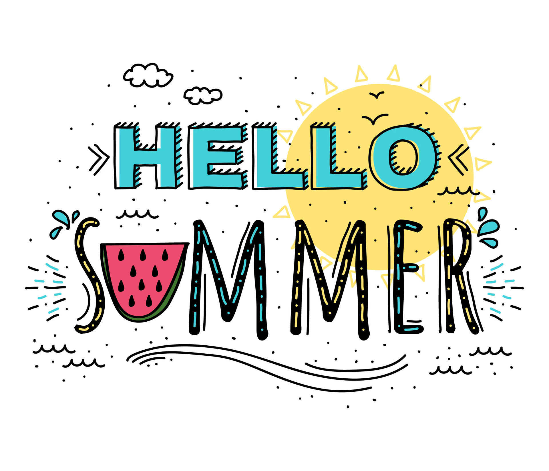 帶有西瓜和太陽插圖的hello summer文字