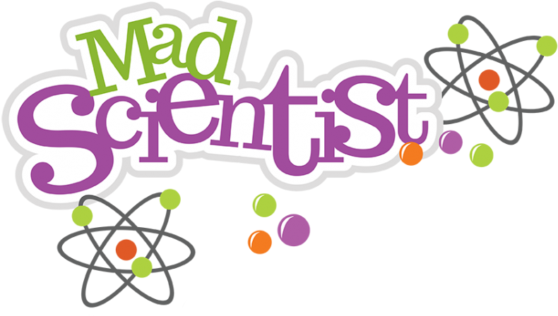 科學 桌布 壁紙 — 大膽色彩繽紛的「Mad Scientist」標誌，帶有俏皮字體和浮動原子符號，背景為黑色。