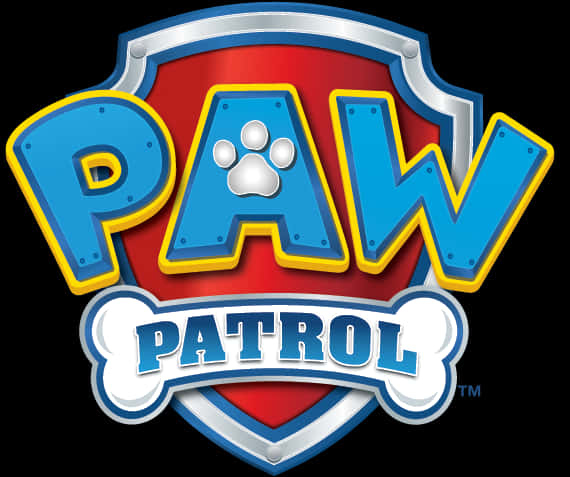 Paw Patrol標誌，藍色字母、黃色輪廓、紅色盾牌和白色骨頭。