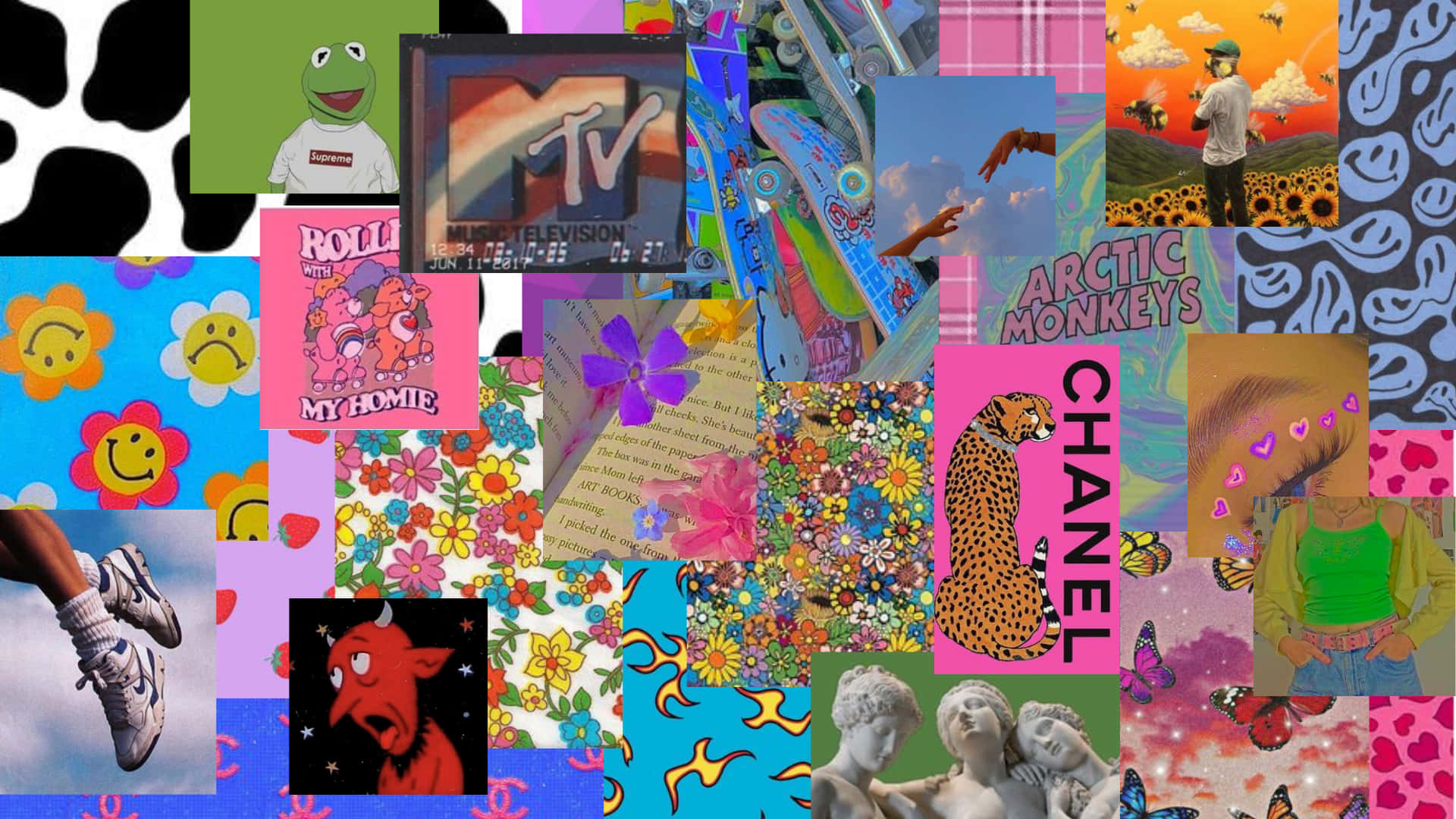 Collage 桌布 壁紙 — 大膽色彩與混亂構圖的流行文化圖標和復古圖案拼貼畫。