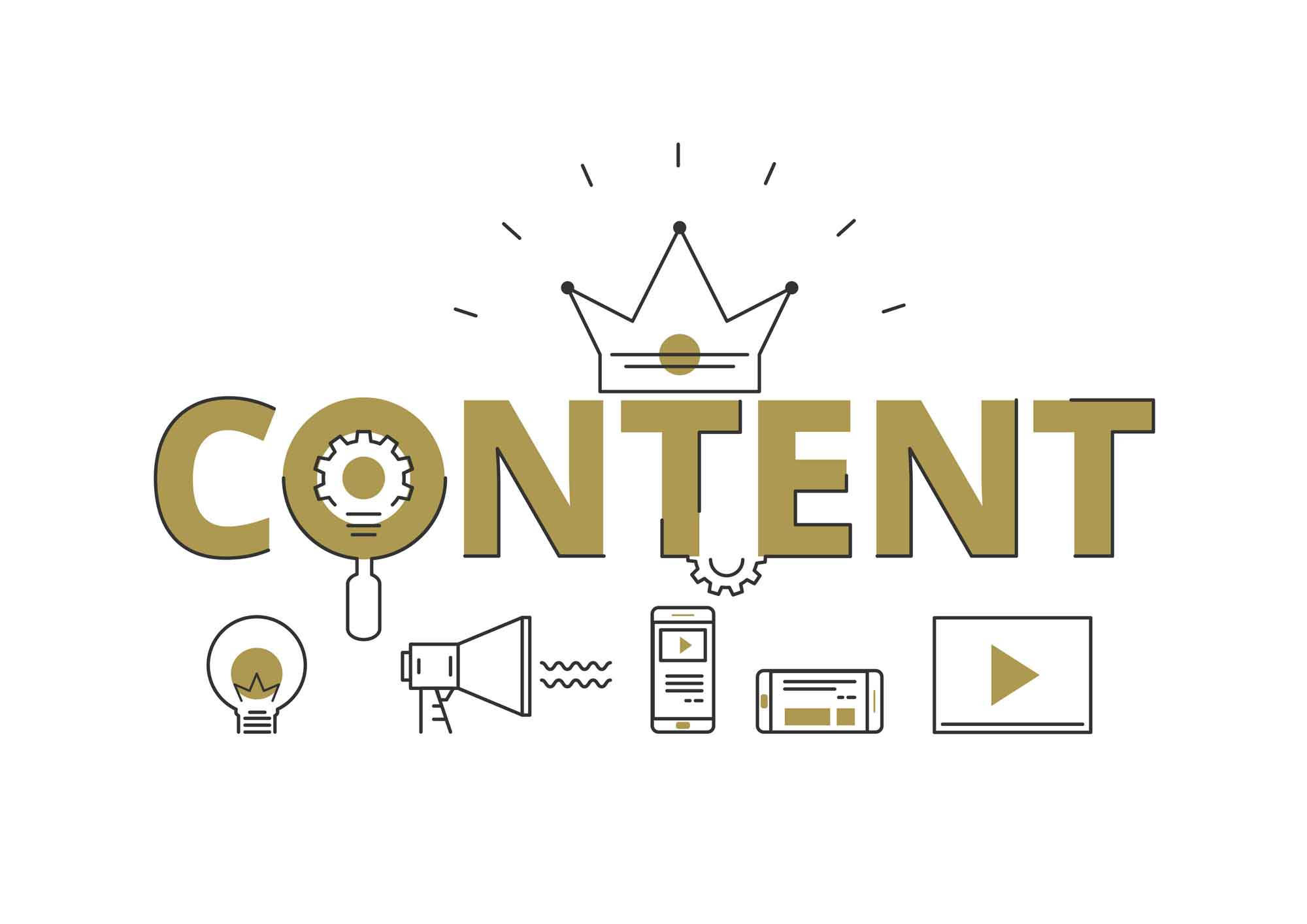 Content 桌布 壁紙 — 大膽金色 'CONTENT' 文字配上皇冠，周圍環繞著創意、擴音器和數位媒體圖示。