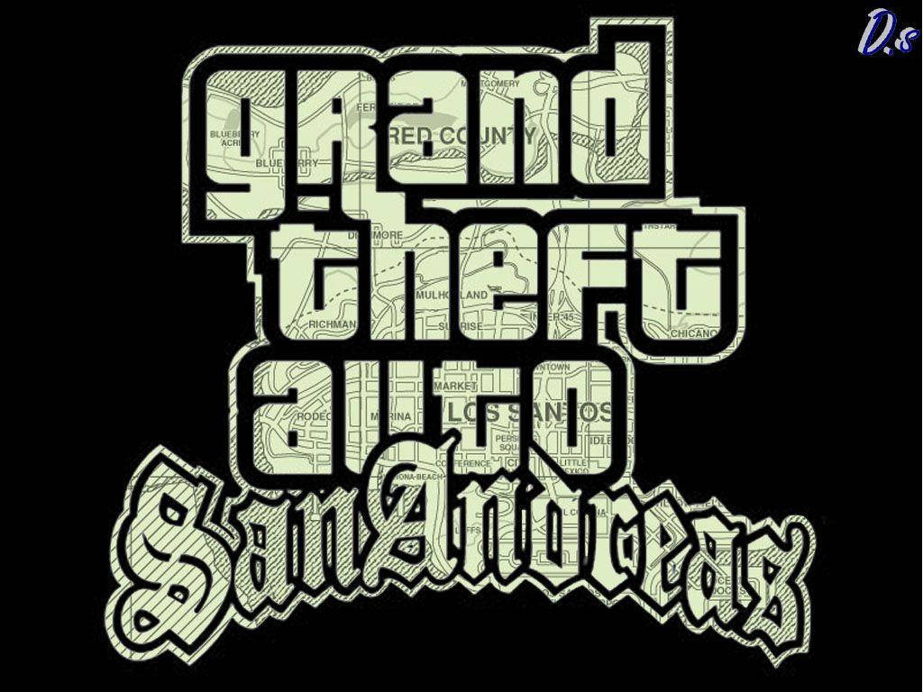 GTA 聖安地列斯 桌布 壁紙 — 大膽風格化的 Grand Theft Auto San Andreas 標誌，充滿地圖細節，置於黑色背景上。