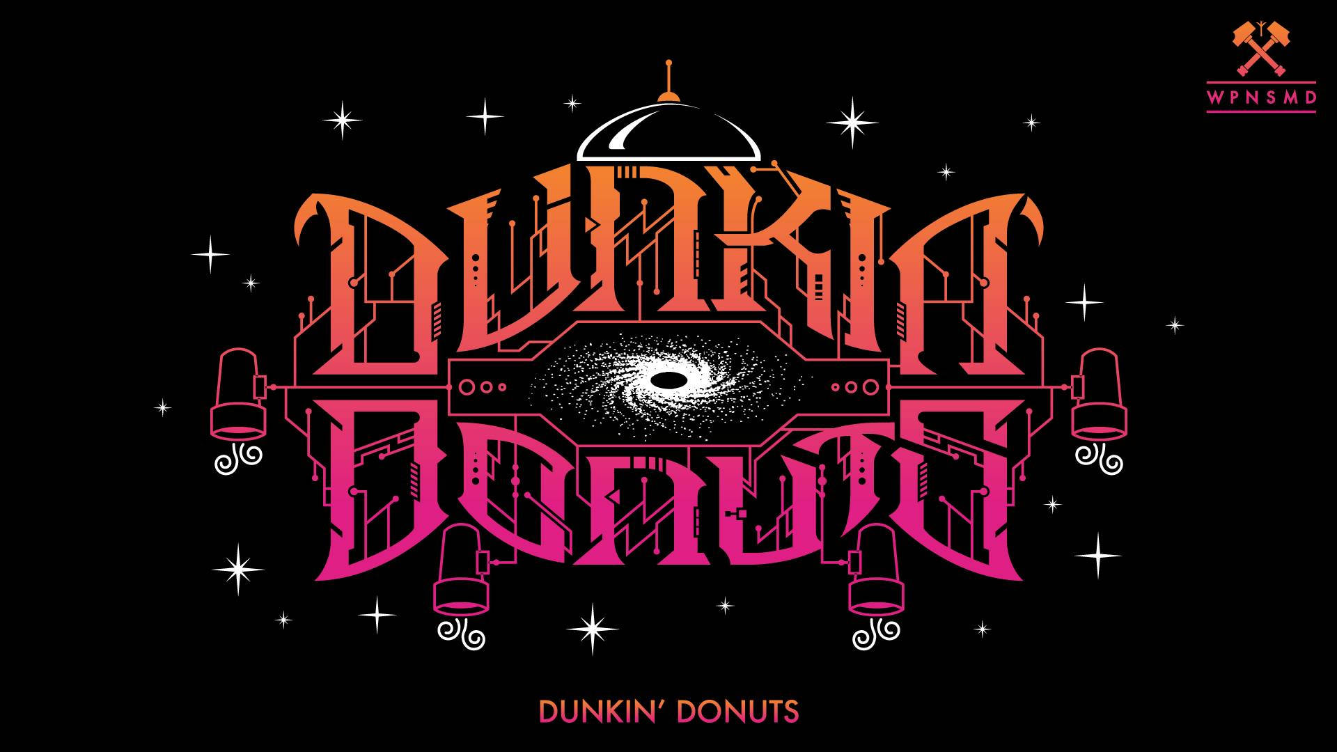 donuts 桌布 壁紙 — 大膽風格化的Dunkin' Donuts標誌，帶有宇宙漩渦中心和星爆效果，背景為黑色。
