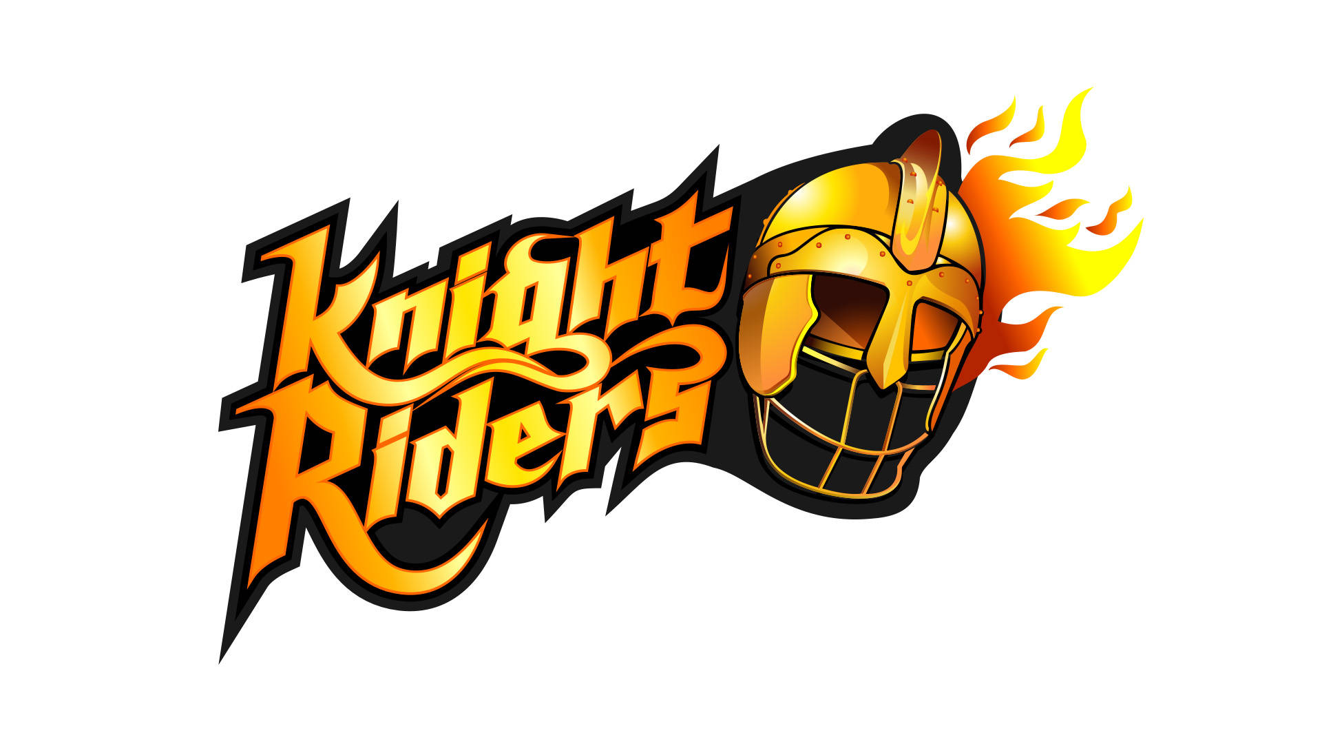 Riders 桌布 壁紙 — 大膽風格化的Knight Riders標誌，金色騎士頭盔和熾熱火焰，白色背景。