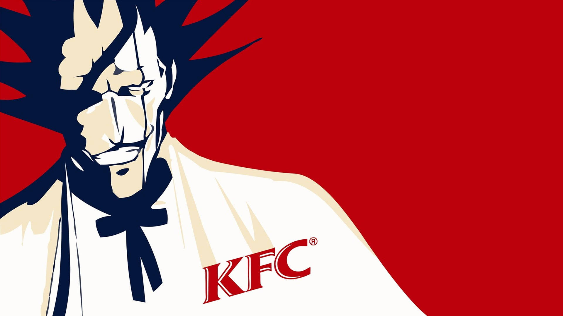 Kfc 桌布 壁紙 — 大膽風格化的桑德斯上校插圖，身穿白色西裝，背景為鮮紅色，帶有KFC標誌。