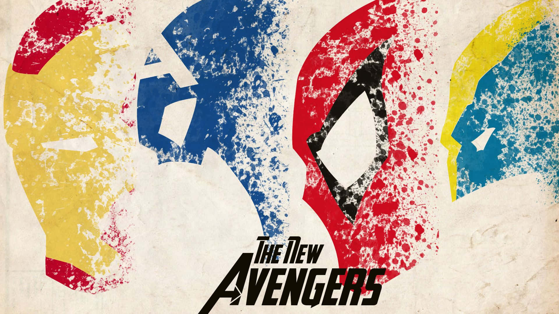 New Avengers 桌布 壁紙 — 大膽風格化的超級英雄面具，紅色、藍色、黃色和黑色顏料飛濺在紋理白色背景上。