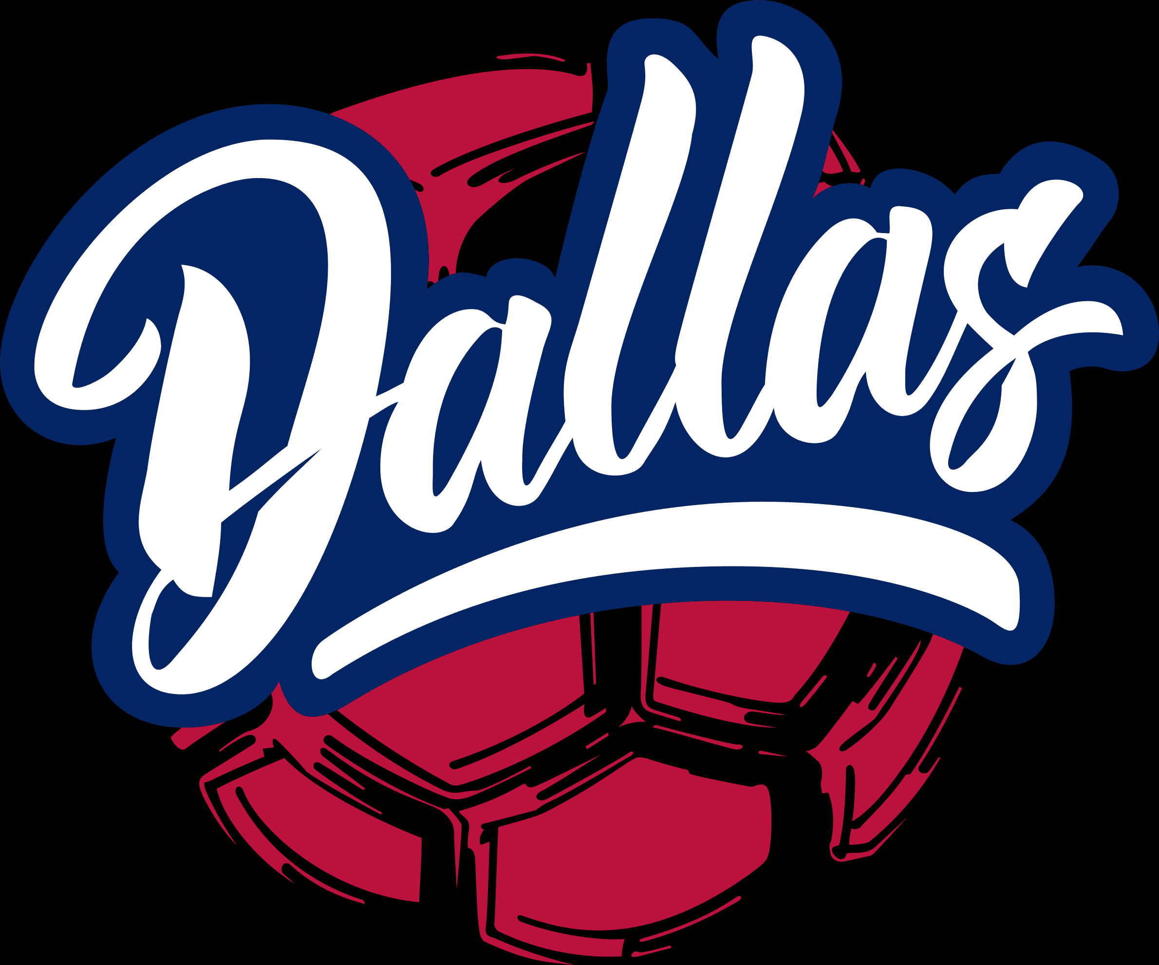 足球 桌布 壁紙 — 大膽風格化的達拉斯文字，以白色和藍色曲線呈現，位於黑色背景上的紅色足球上方。