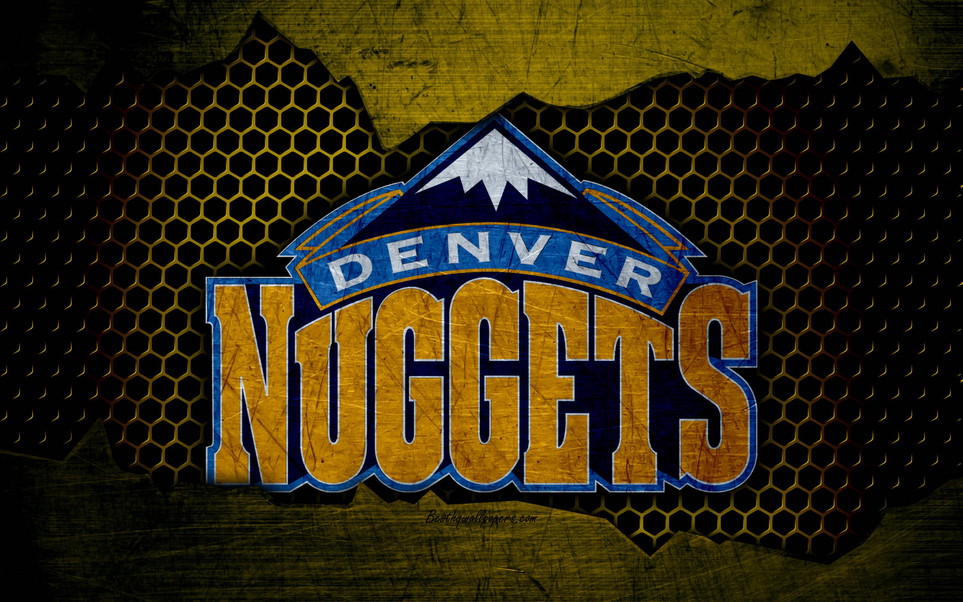 Denver 桌布 壁紙 — 大膽黃色和藍色的丹佛金塊隊標誌，帶有山峰設計，置於紋理蜂巢背景上。