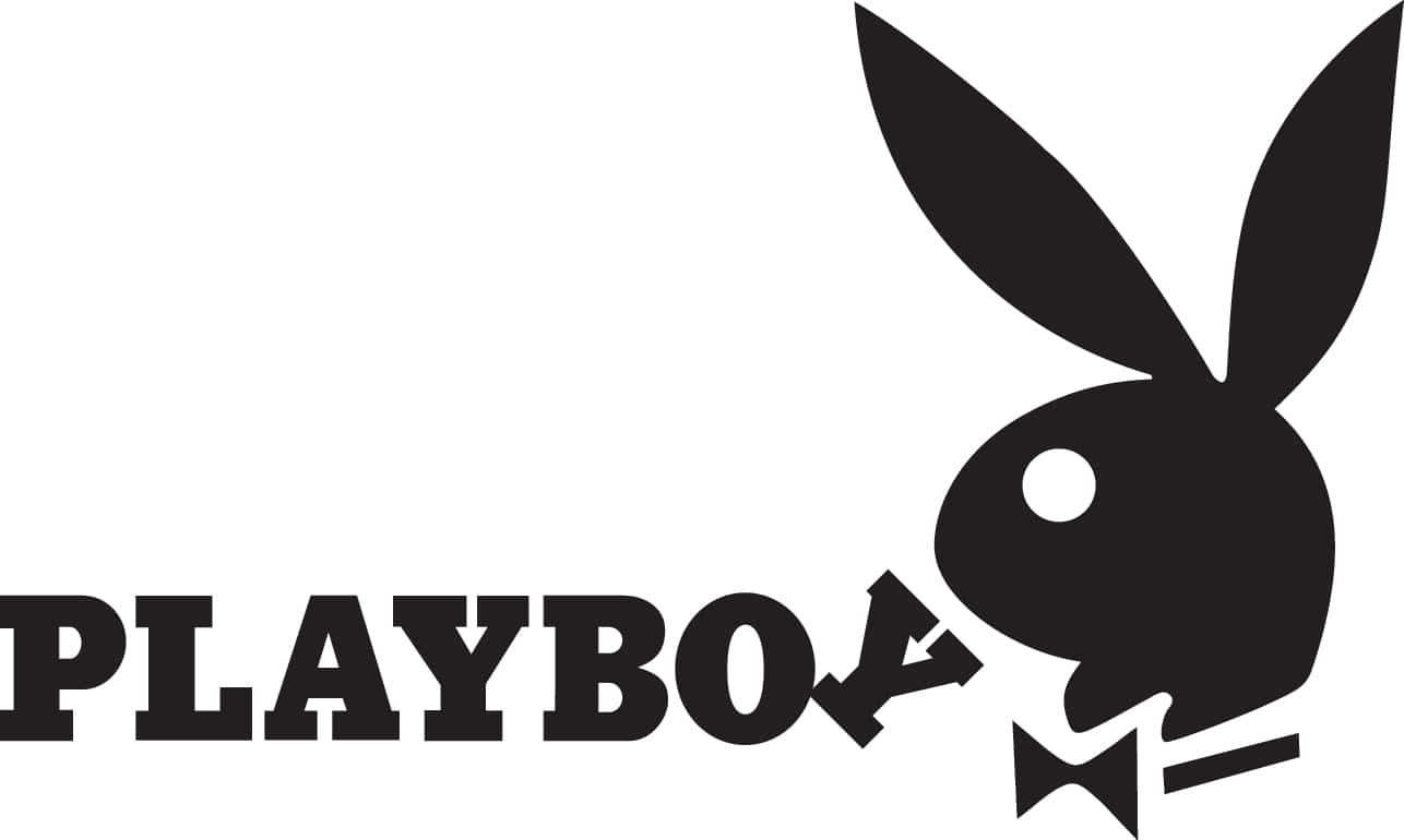 花花公子 桌布 壁紙 — 大膽黑色Playboy兔子標誌，搭配蝴蝶結和文字，置於純白背景上。