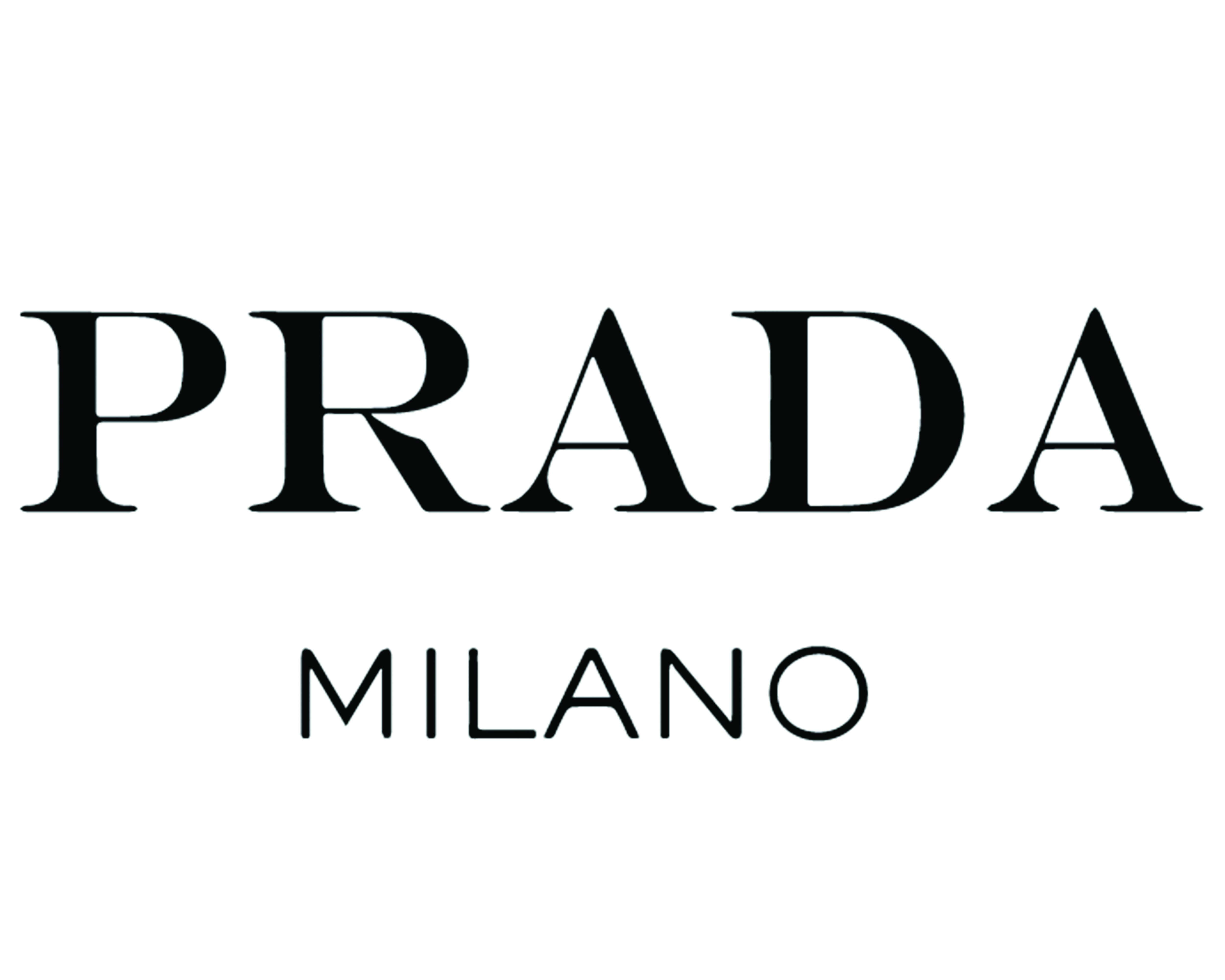 Prada 桌布 壁紙 — 大膽黑色Prada Milano標誌在純白背景上，極簡奢華品牌形象。