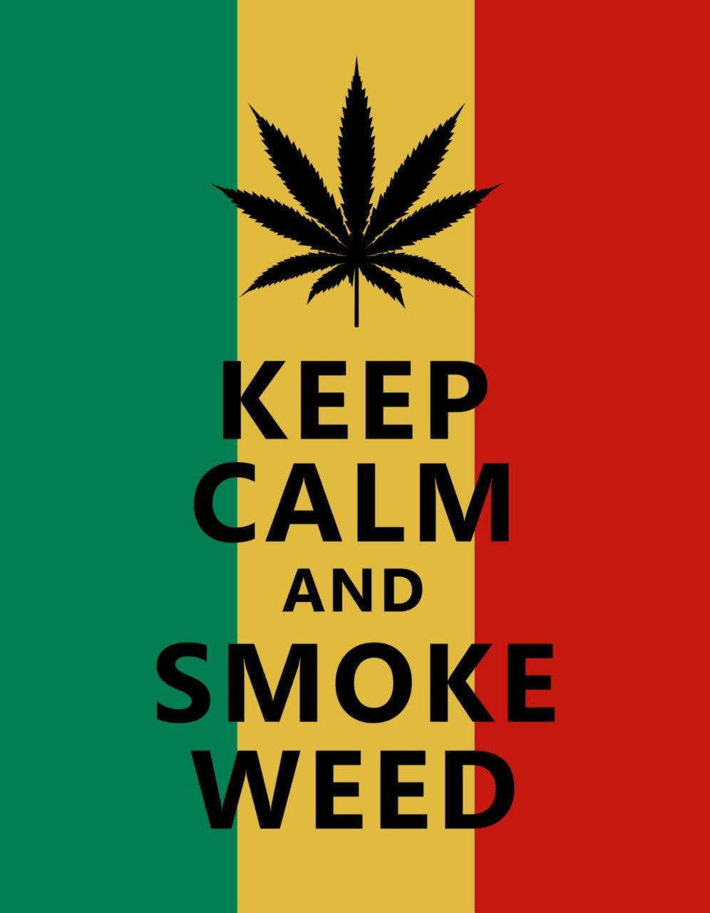 keep calm iPhone 桌布 壁紙 — 大膽黑色大麻葉和文字在鮮豔的綠色、黃色和紅色垂直條紋上。