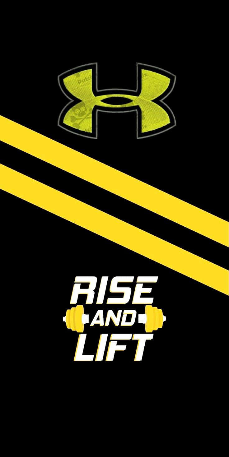 Under Armour 桌布 壁紙 — 大膽黑色背景，搭配萊姆綠色Under Armour標誌和黃色條紋，帶有'RISE AND LIFT'文字和啞鈴圖案。