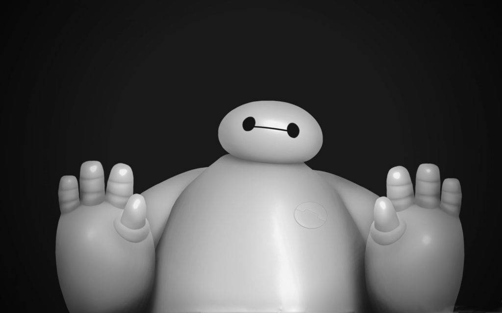 Hero 桌布 壁紙 — 《大英雄天團》中 Baymax 的黑白特寫，在深色漸變背景前張開手掌站立。