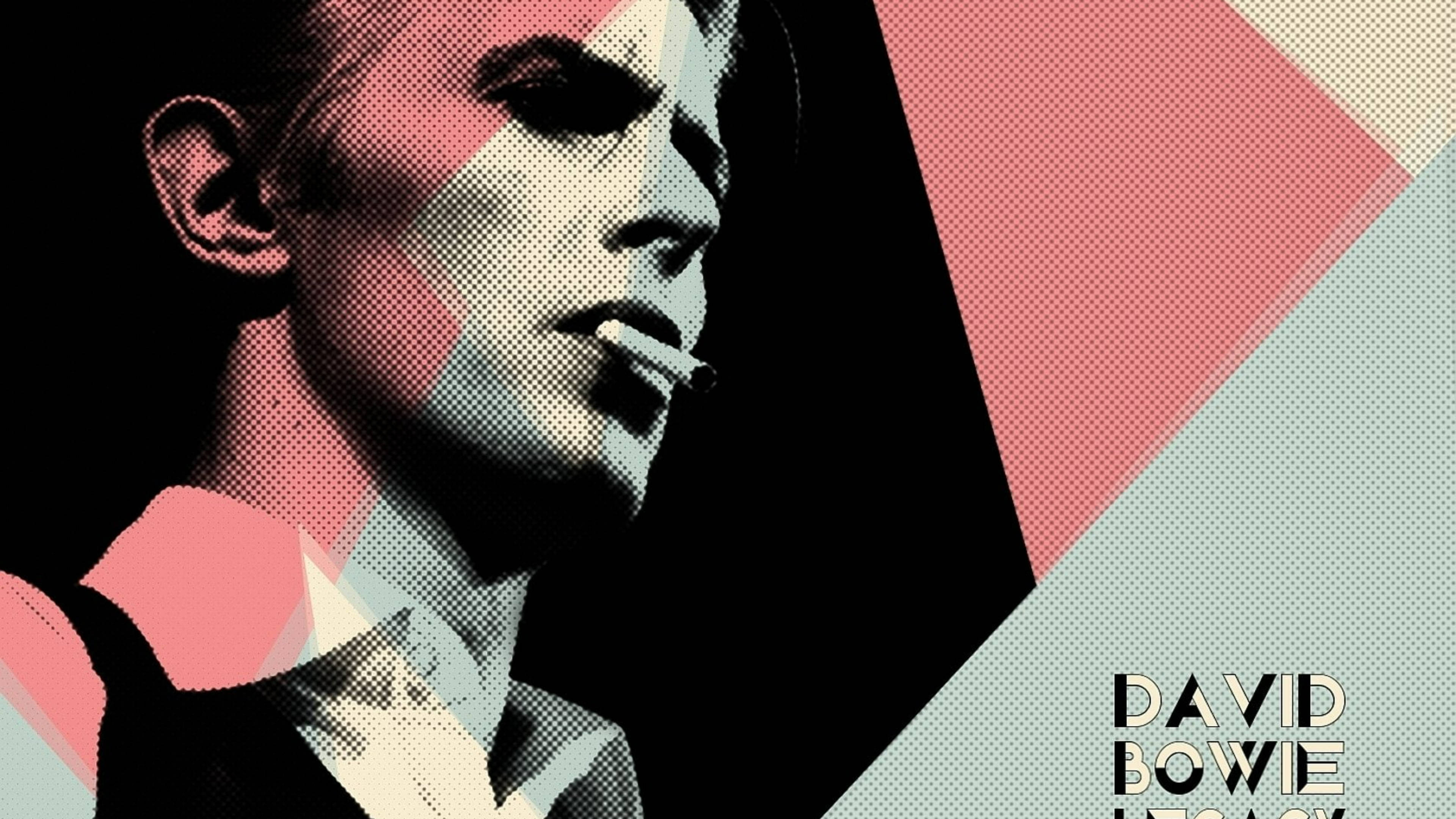 David Bowie 桌布 壁紙 — 大衛·鮑伊側面抽煙的風格化半色調肖像，背景為幾何粉紅和青綠色形狀。