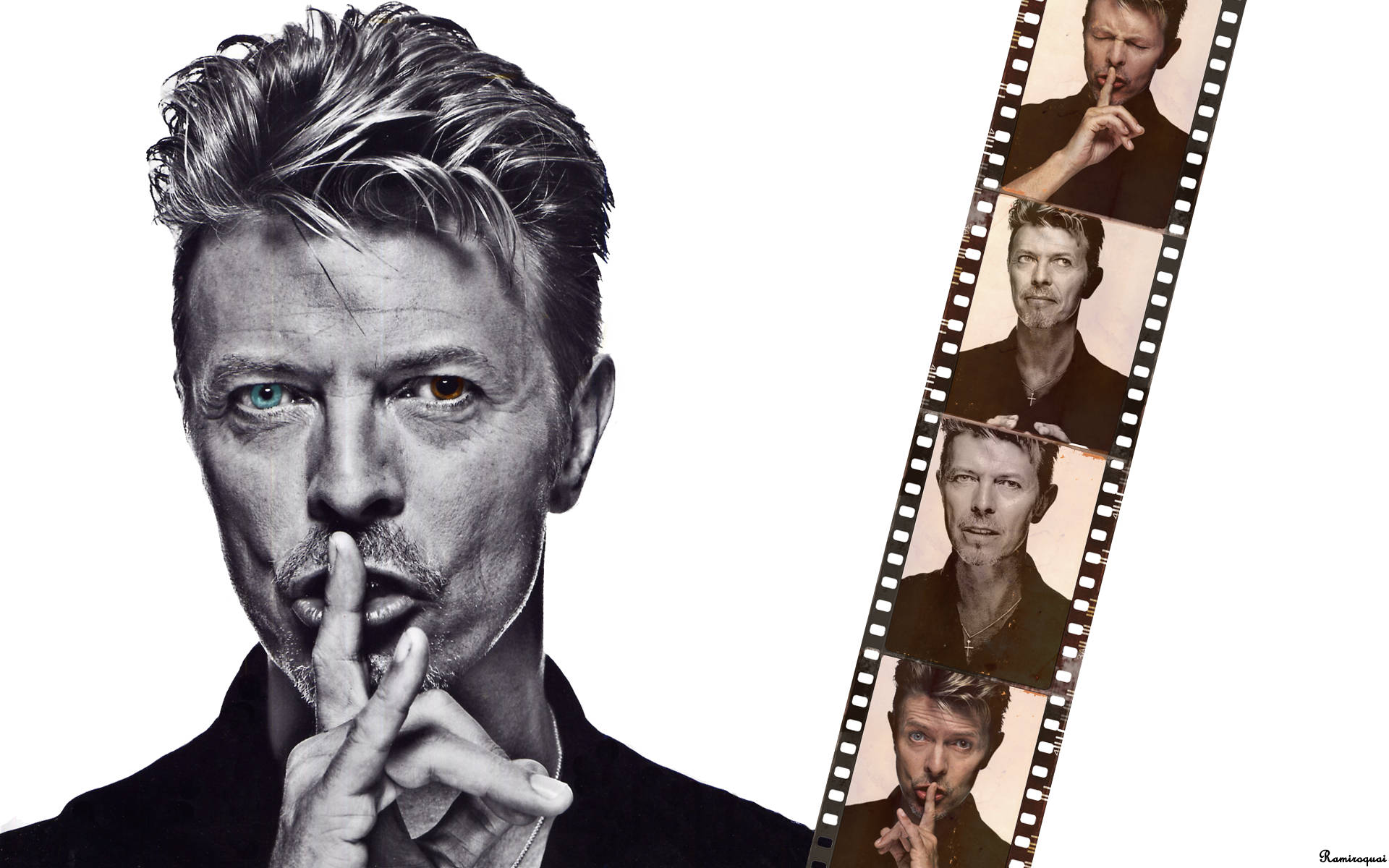 大衛·鮑伊 桌布 壁紙 — 大衛·鮑伊將手指放在唇邊，專注地凝視，一條底片帶展示了他各種肖像，背景是純白色。