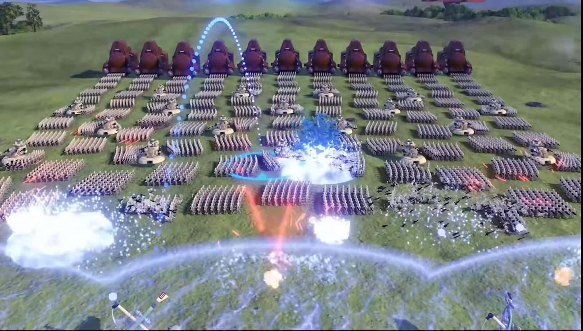The Battle Of Naboo 桌布 壁紙 — 大規模軍隊在充滿活力的數位戰場上衝突，伴隨著發光的魔法效果和爆炸。