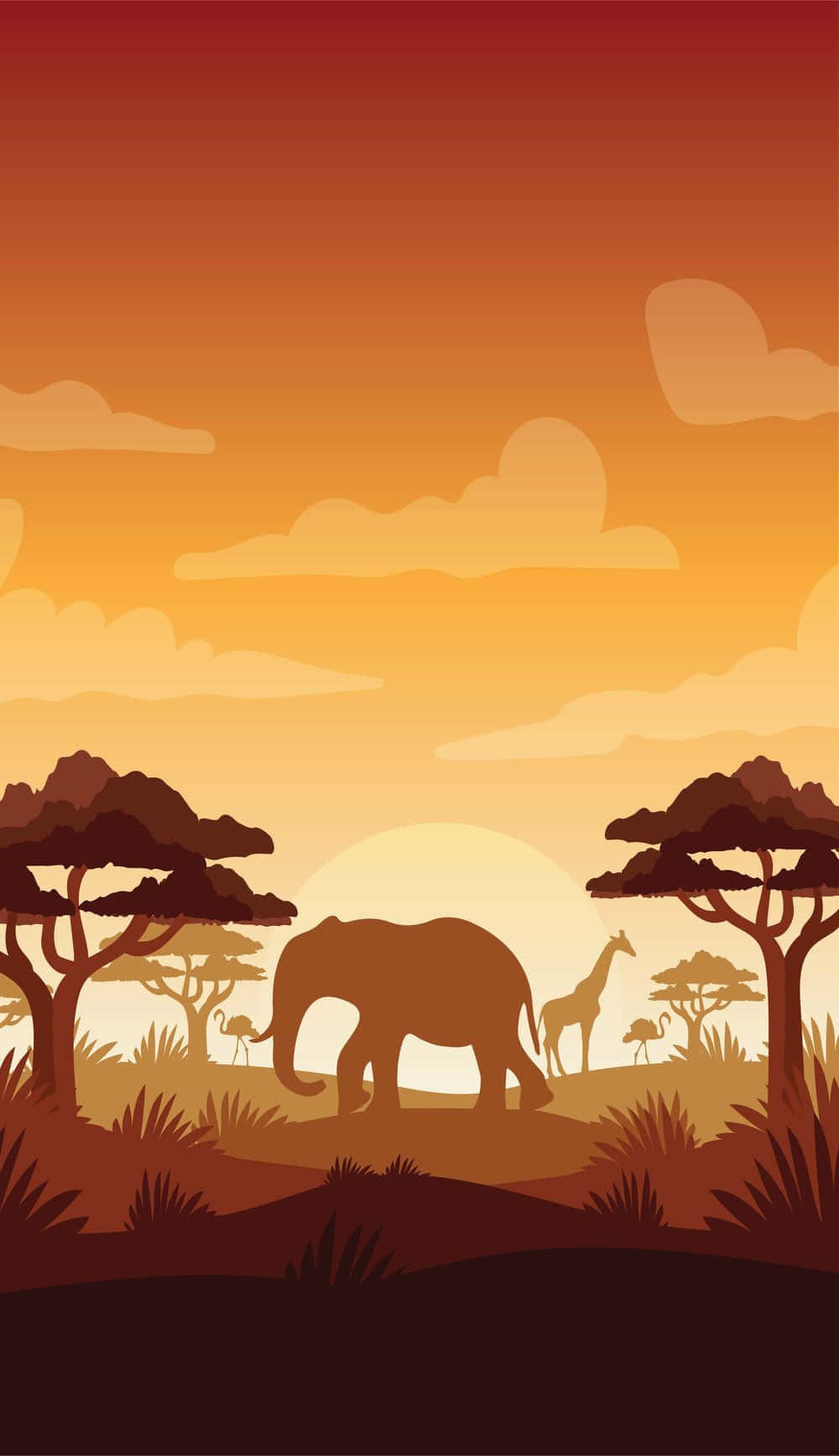 Android Africa 桌布 壁紙 — 大象和長頸鹿的剪影站在金色的稀樹草原上，在溫暖的橙色天空下，夕陽西下，雲朵散落。