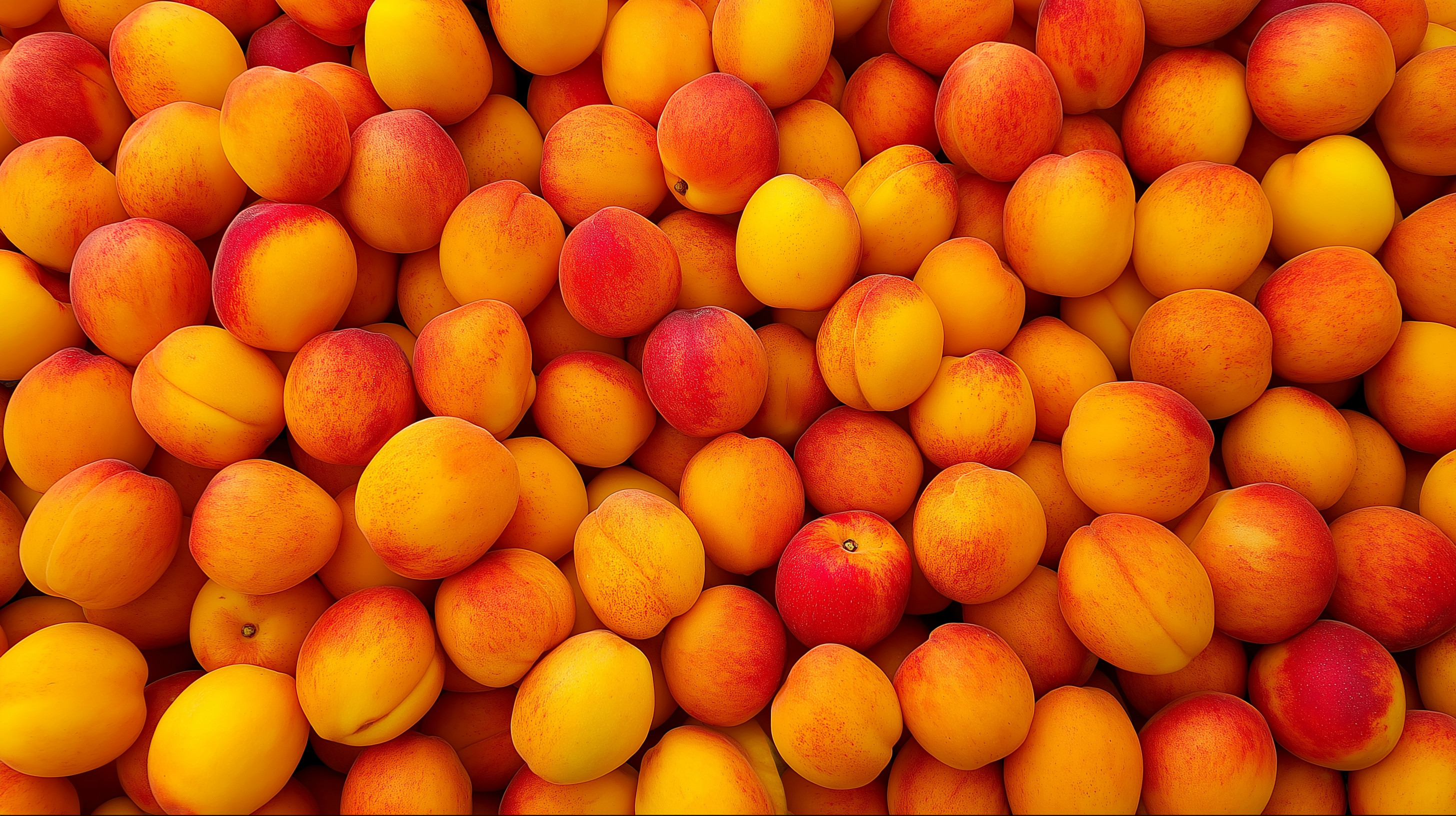 Fruit 桌布 壁紙 — 大量成熟杏子堆疊在一起的鮮豔特寫，展現溫暖的橙、紅和黃色調。